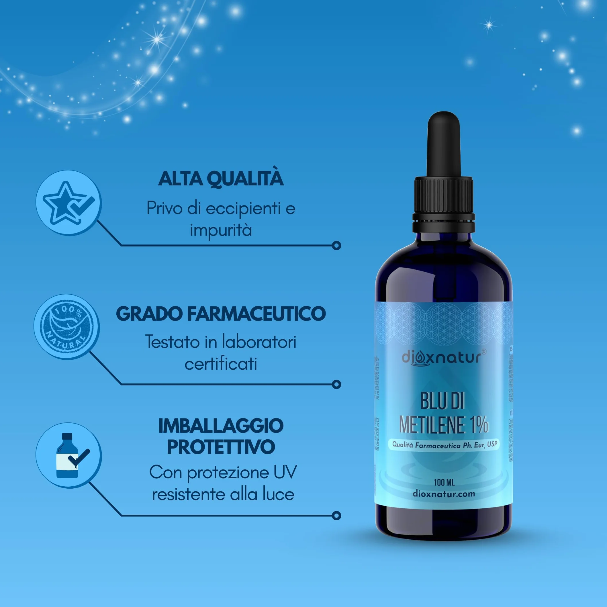 Blu di Metilene 1% USP 100 ml, Alta Purezza, Pipetta Integrata