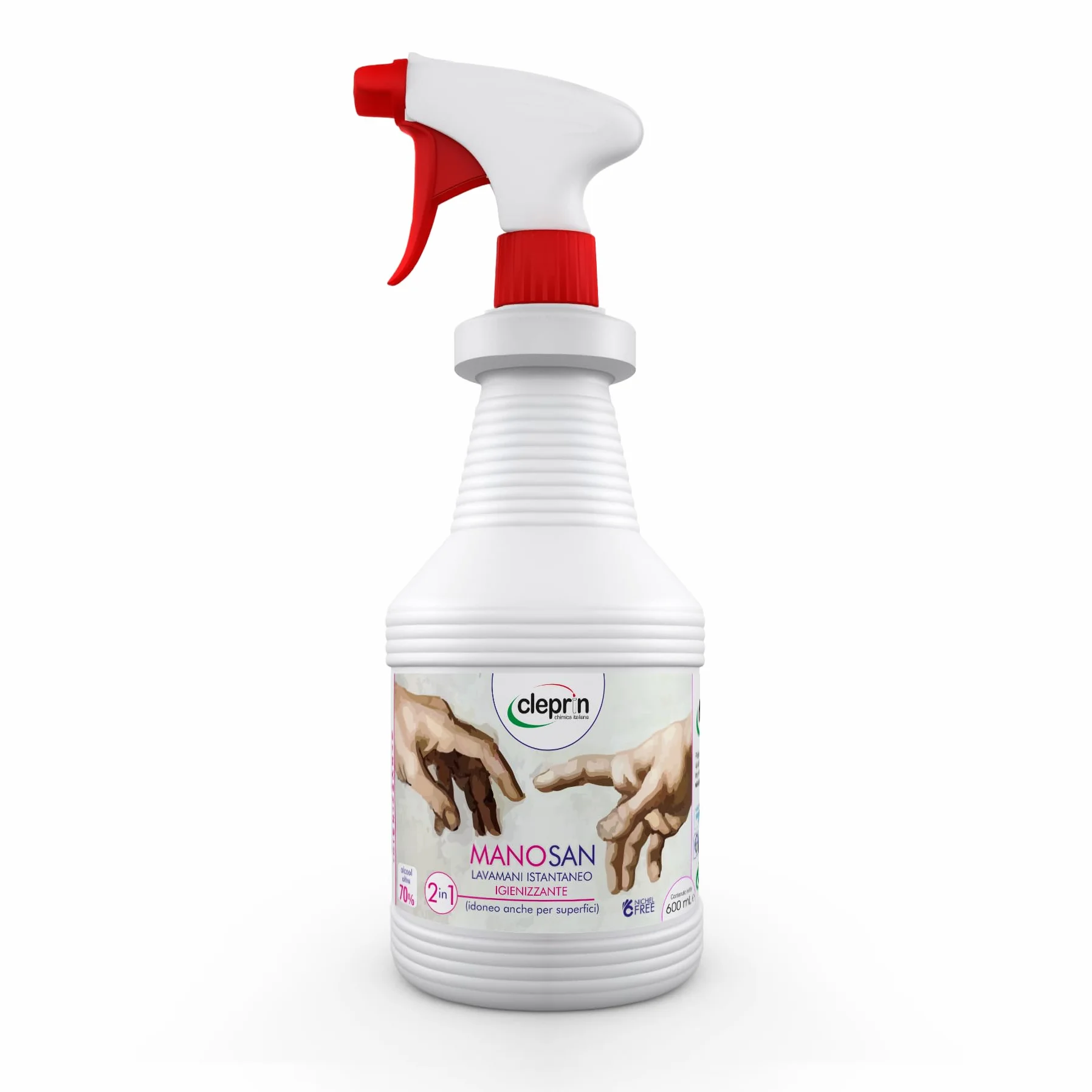 MANO SAN Detergente Igienizzante, Base Alcolica 70%+, Per Mani e Superfici, Spray Istantaneo, Per Tessuti e Mascherine, Formula 100% sicura