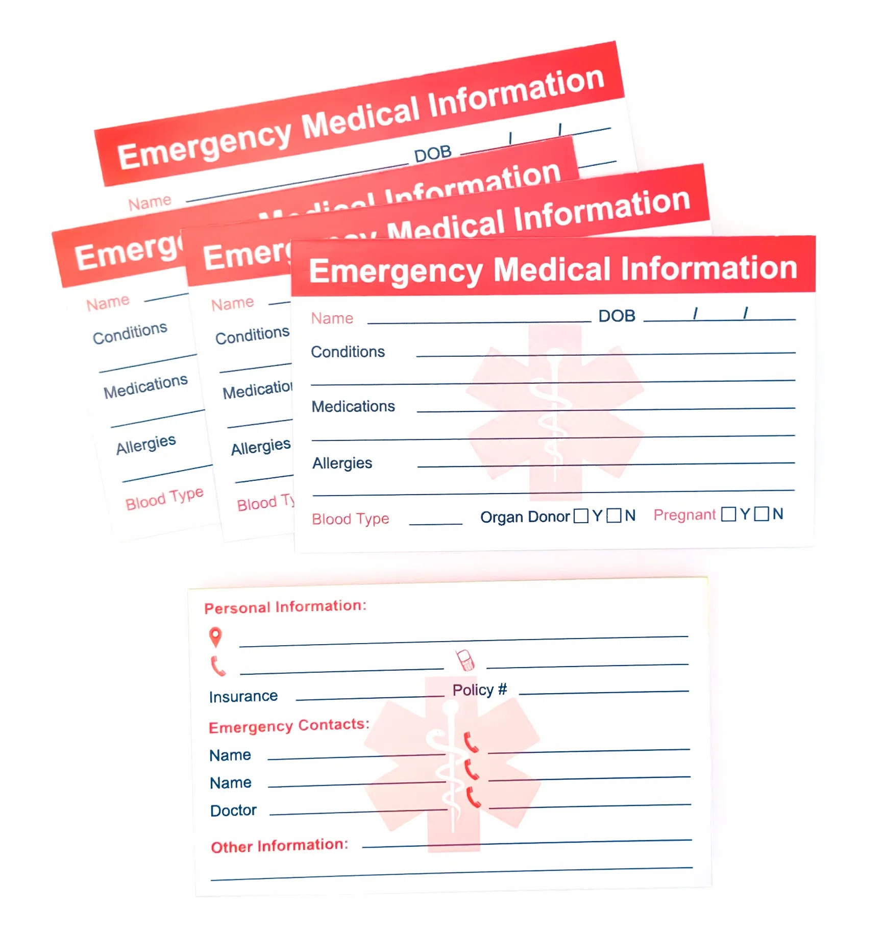 Carte informazioni mediche di emergenza ICE 5 Pack
