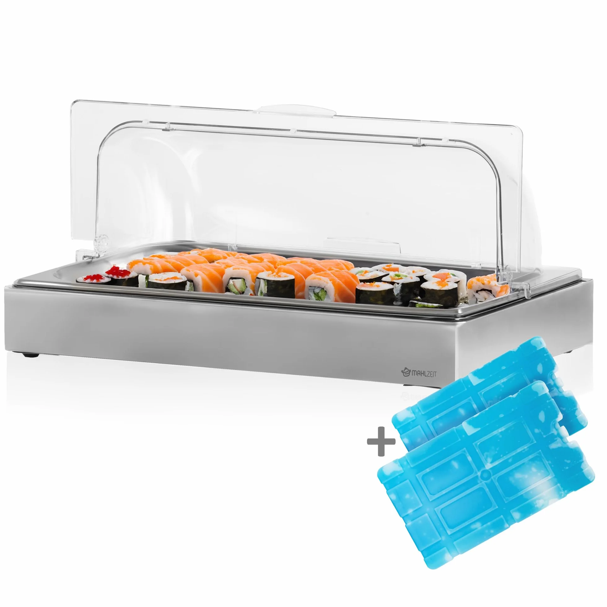 Mahlzeit Piatto da portata refrigerante | 54 x 34 x 24,5 cm | Piatto refrigerante GN 1/1 con cofano, sistema di raffreddamento con pancetta | Piatto salvafreschezza, coperchio da portata con 2 piatti