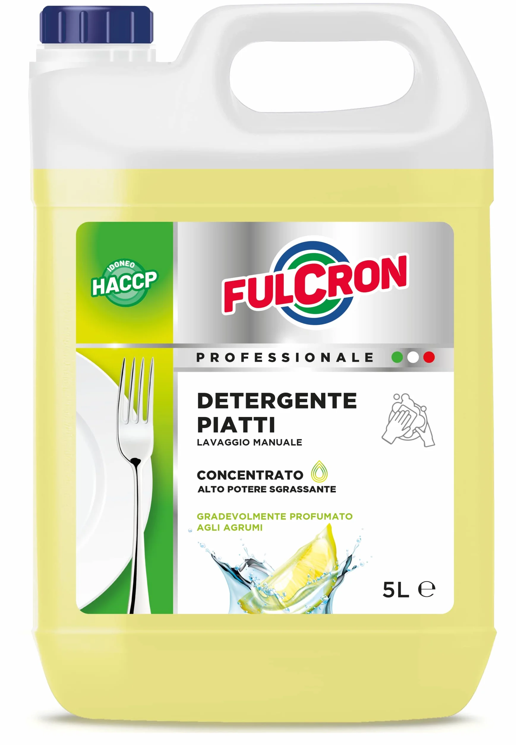 FULCRON Detergente Piatti Concentrato Per Lavaggio Manuale, Azione Altamente Sgrassante, Detersivo Piatti Profumo Agrumi, 5 L