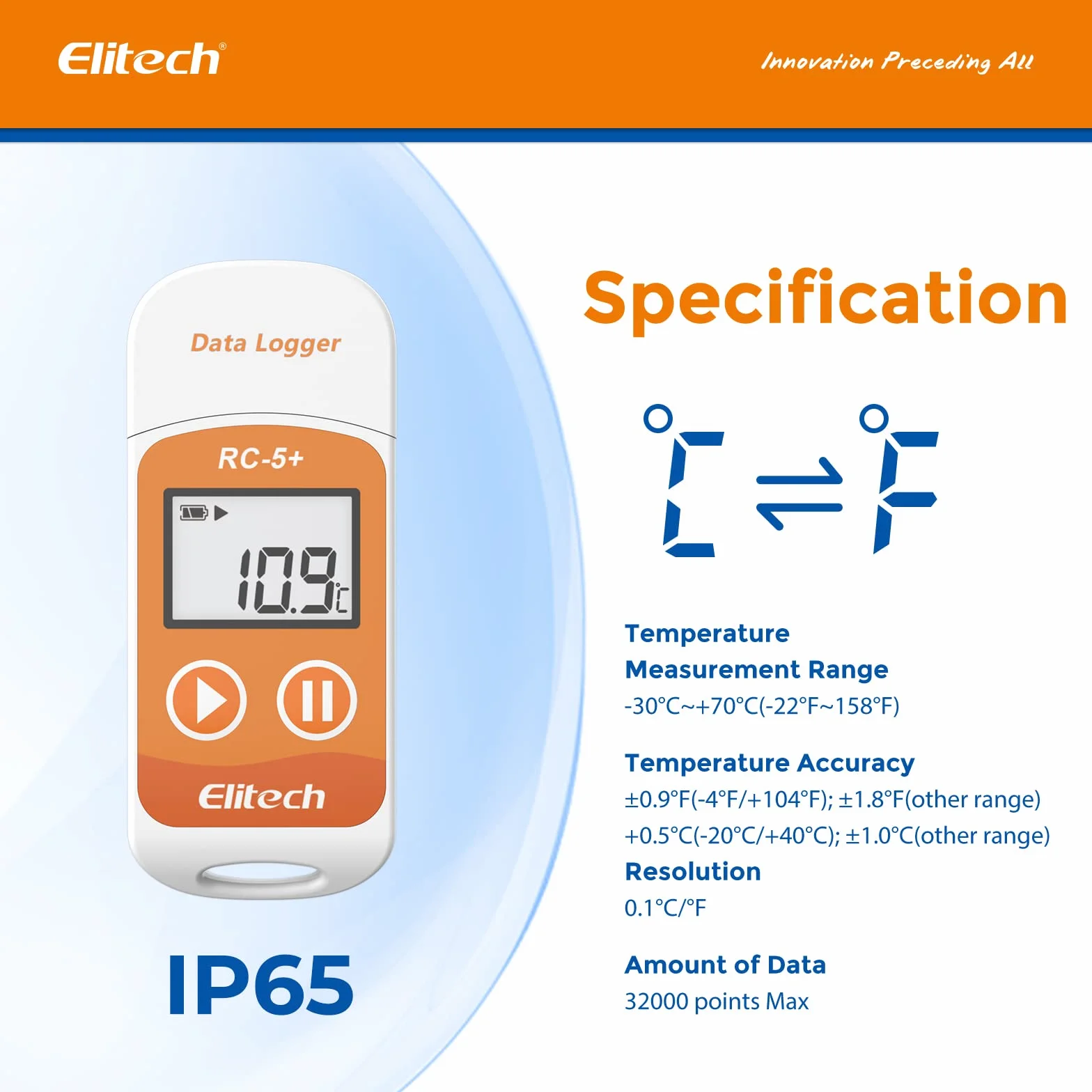 Elitech RC-5+ Registratore di Dati di Temperatura 32000 Punti -30°C a +70°C PDF CSV
