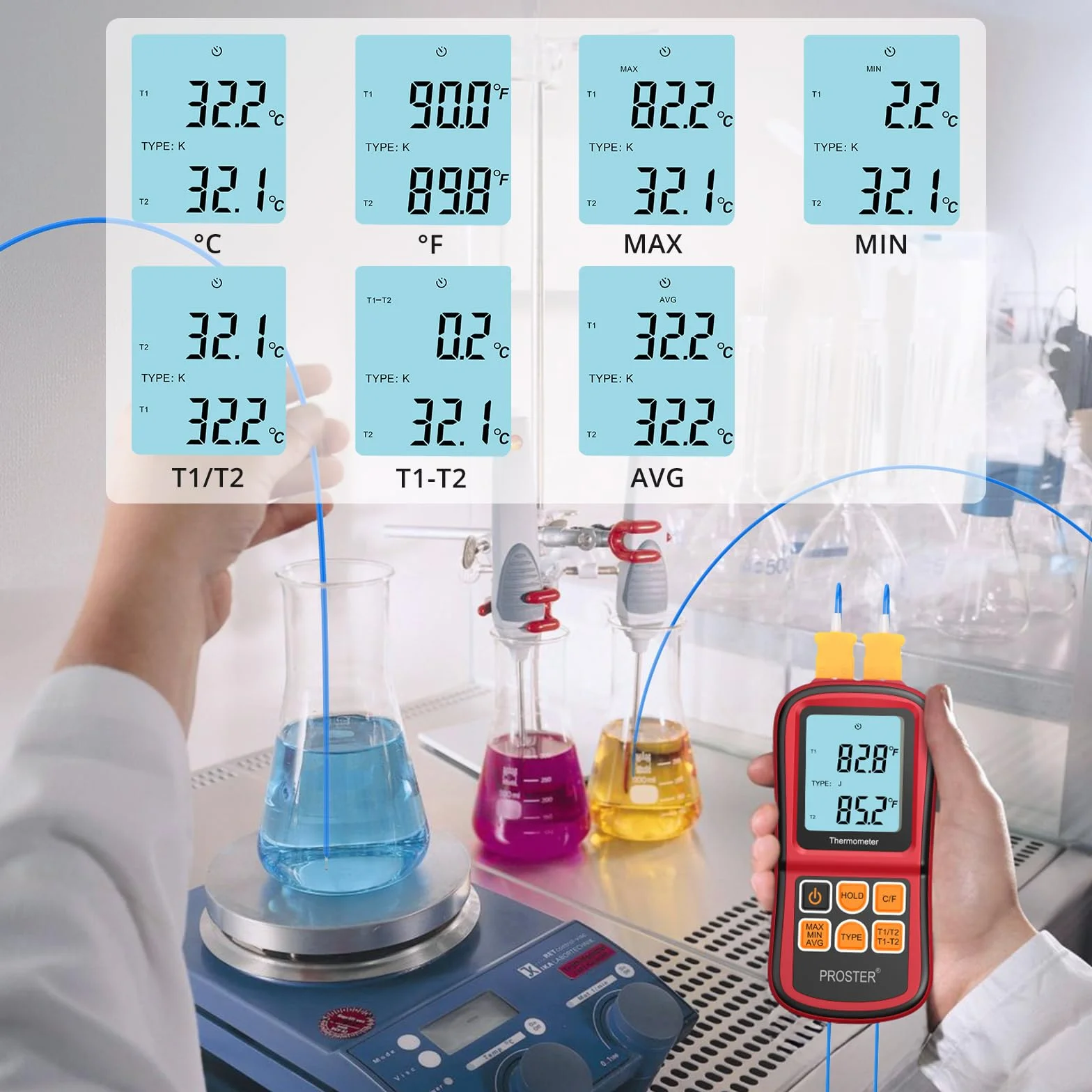 Proster Termometro Digitale a Doppio Canale con Due Termocoppie di Tipo K LCD Retroilluminato -200~1372°C