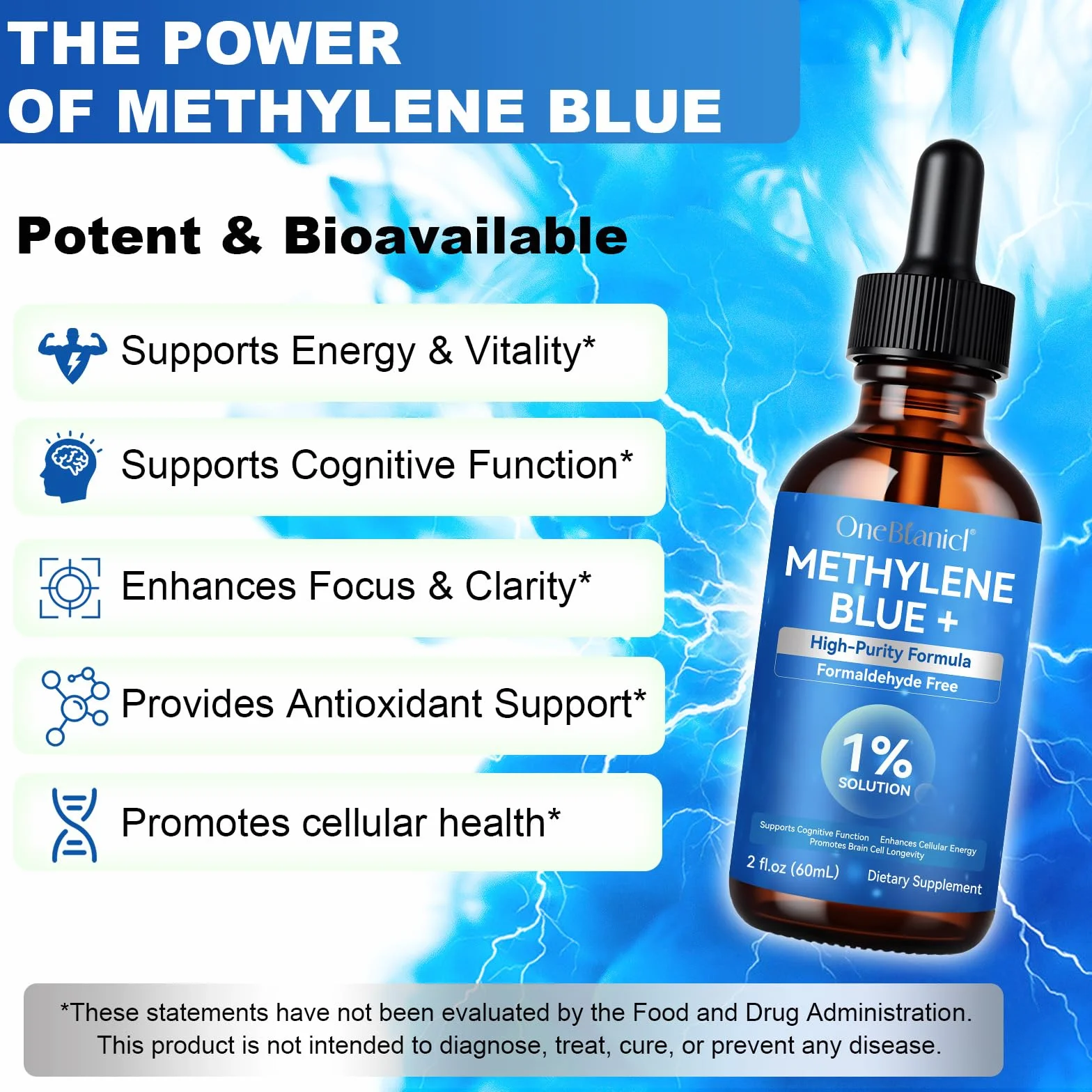 Methylene Blue 1% 60ml con Vitamina C & Stevia, Purezza Ultra Elevata, Testato in Laboratorio