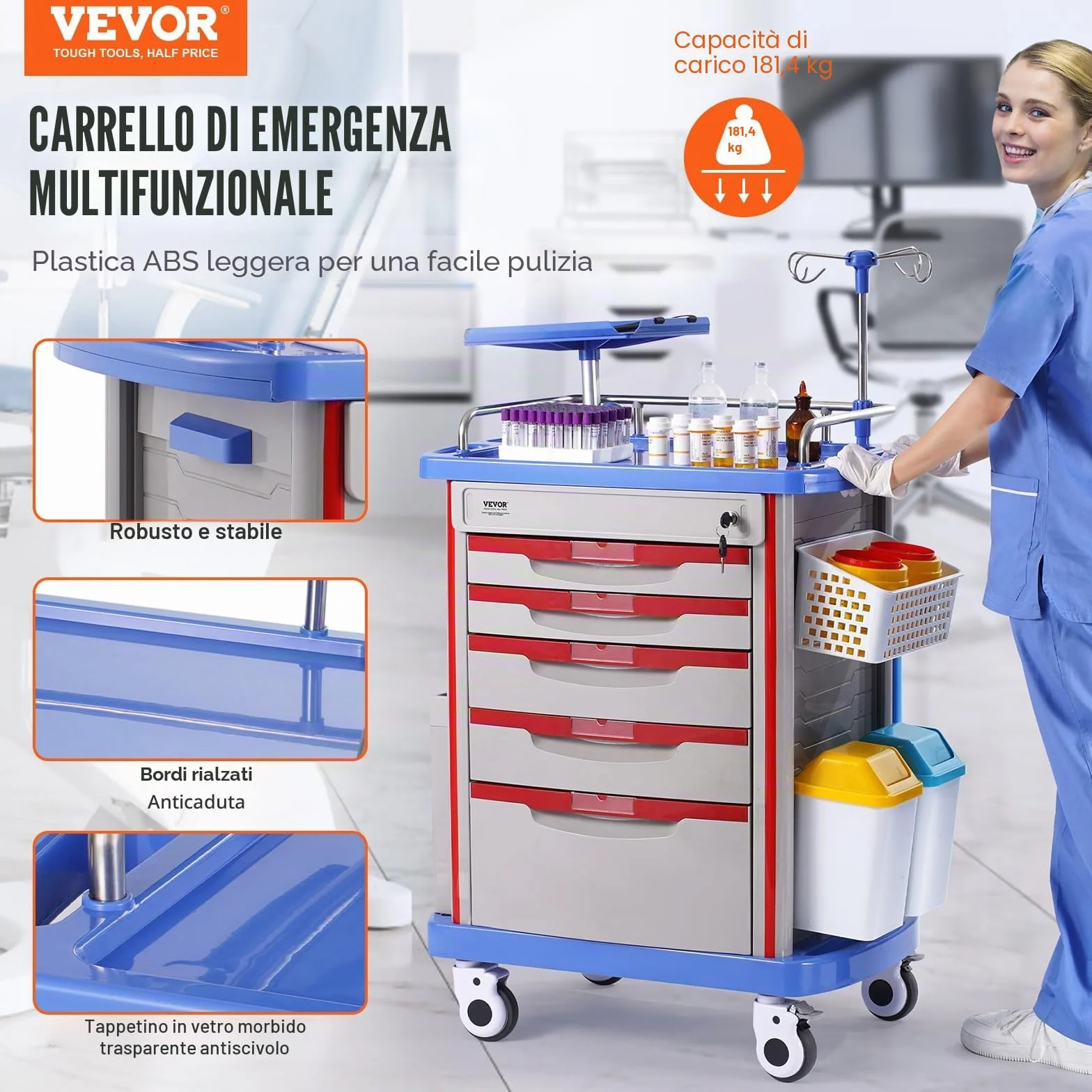 VEVOR Carrello da Laboratorio 5 Ripiani con Cassetti e Ruote Silenziose, PP, Blu