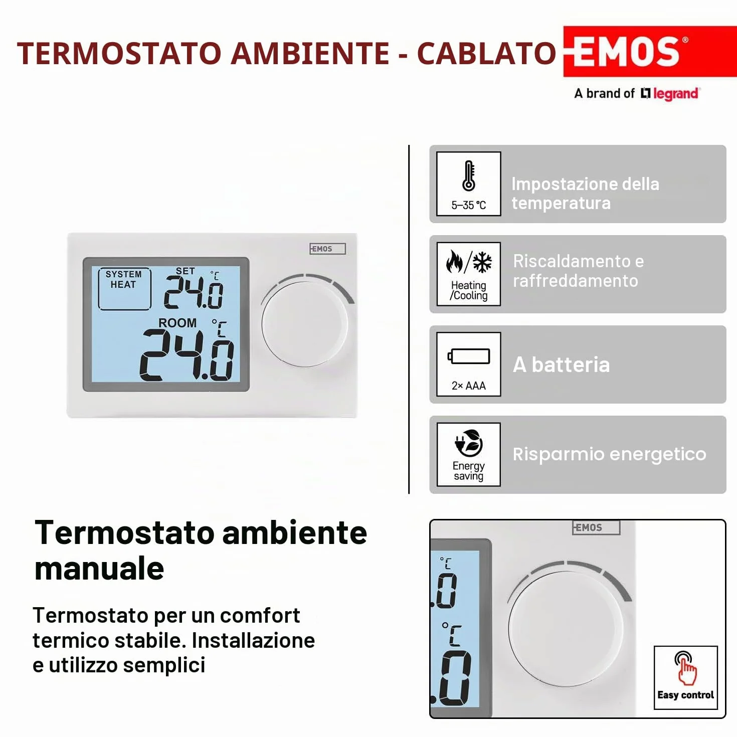 EMOS Termostato ambiente digitale, a parete portatile per sistemi di riscaldamento e raffreddamento, regolatore della temperatura per il controllo meccanico, cablato