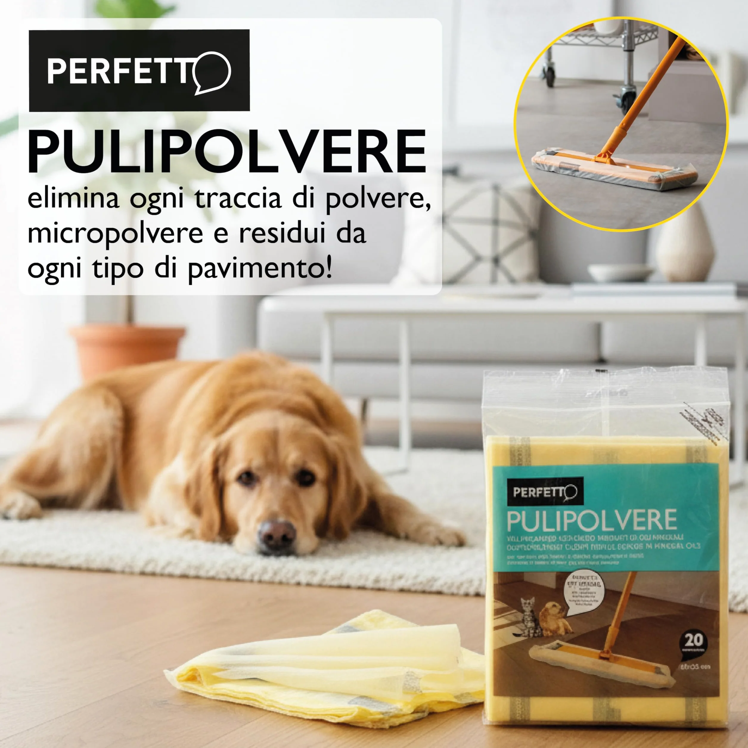 Perfetto Pulipolvere Confezione 3 Buste Ricambio da 20 Retine, 45 x 22 cm, Polipropilene, Giallo