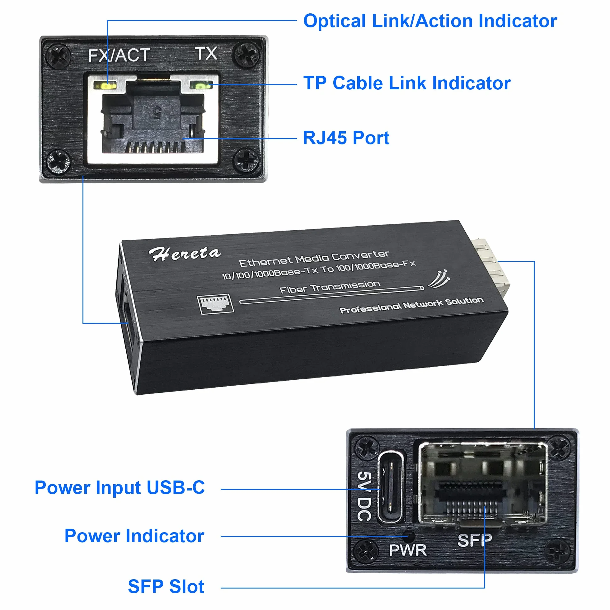 Gigabit Ethernet Media Converter, Modo Singolo LC, 10/100/1000M RJ45 a 100/1000Base-LX, 1310nm, 20km
