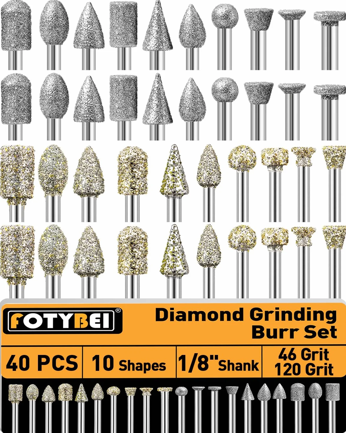 Set di 40 punte diamantate per smerigliatura, compatibili con utensili rotanti Dremel, 20 forme con gambo da 1/8" grana 46/120, per lucidatura, rettifica, intaglio su vetro, ceramica, pietra (20 pezzi