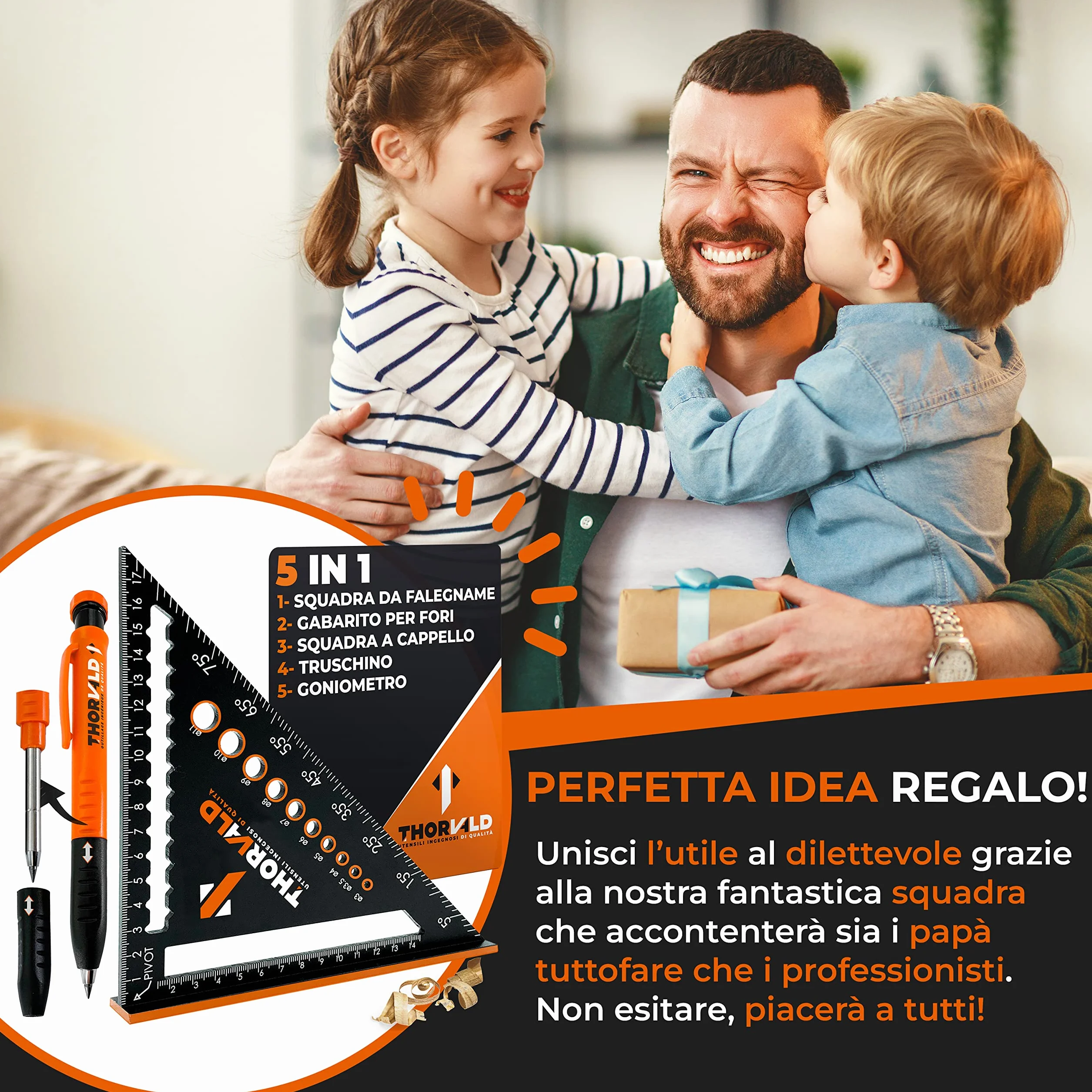THORVALD Squadra da Falegname Multifunzione 180 mm Goniometro Angoli 45-90° Righello Trusquino