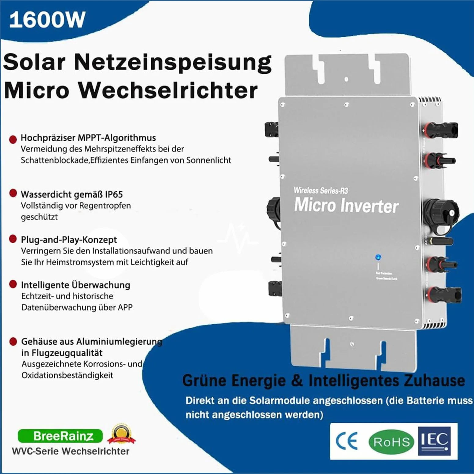 Inverter 1600w, micro inverter fotovoltaico con livello di impermeabilità IP65, inverter inverter solare con WiFi, funzione di immissione in rete, per 2 moduli solari e centrale elettrica da balcone