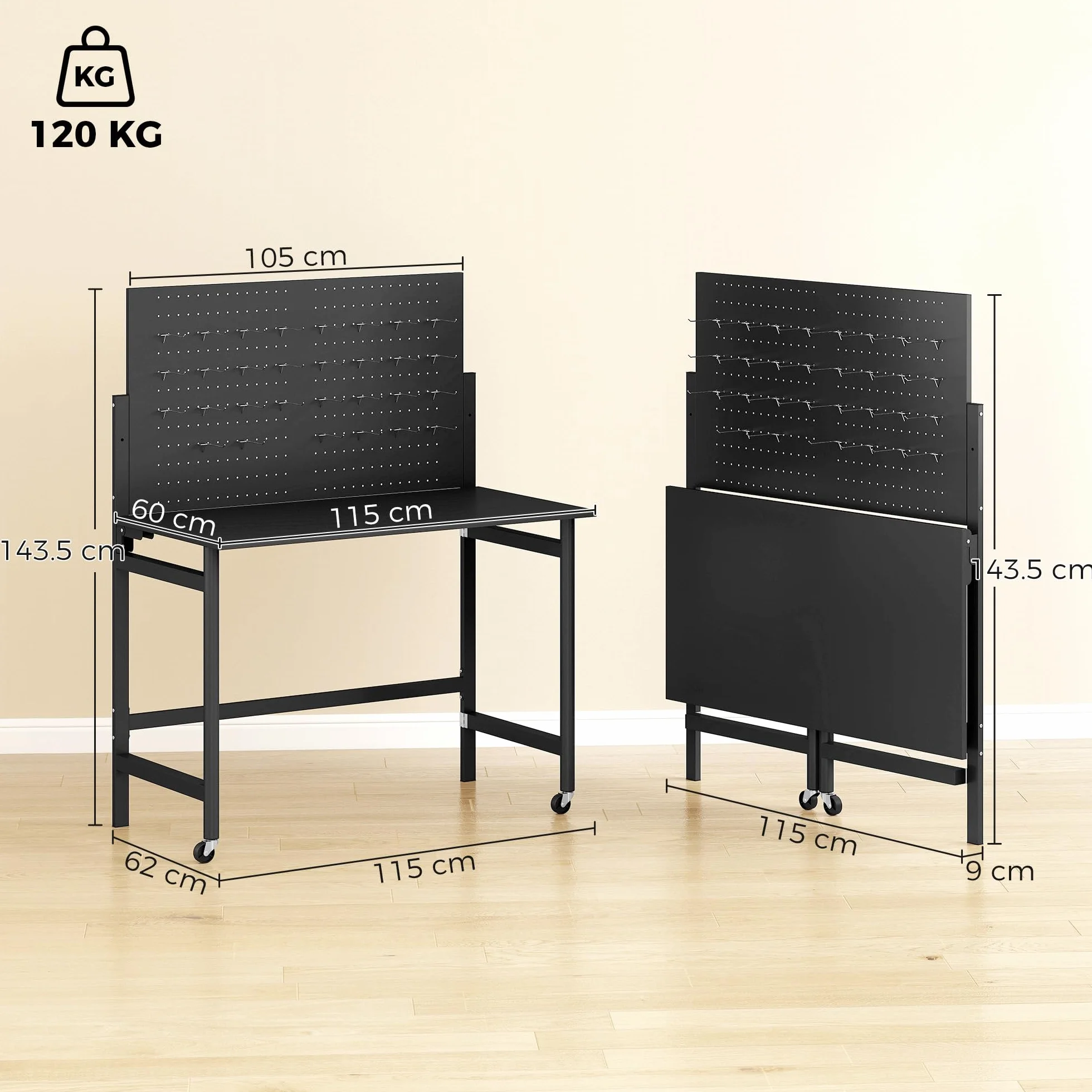 HOMCOM Banco da Lavoro Pieghevole 9cm, Tavolo da Lavoro con Pannello Forato e 30 Ganci, Ruote, 115x62x143.5cm, Piano Spesso in Legno, Struttura in Acciaio, Garage, Officina e Casa, Portata 120kg, Nero