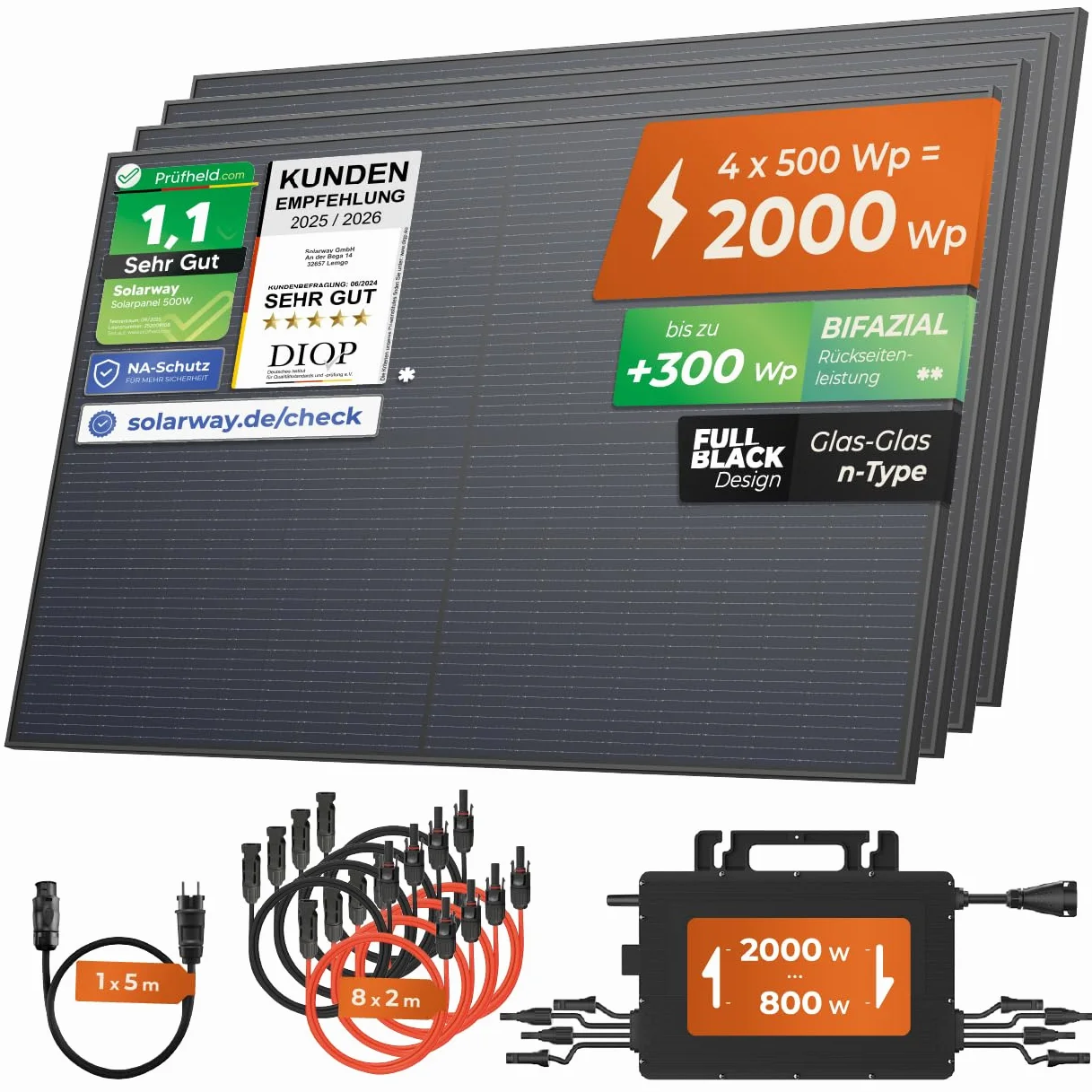 Solarway Kit di alimentazione per balcone 2000W completo con presa - Uscita regolabile 600/800/2000W - 4 moduli JaSolar da 500W, inverter con APP e WiFi, Plug&Play