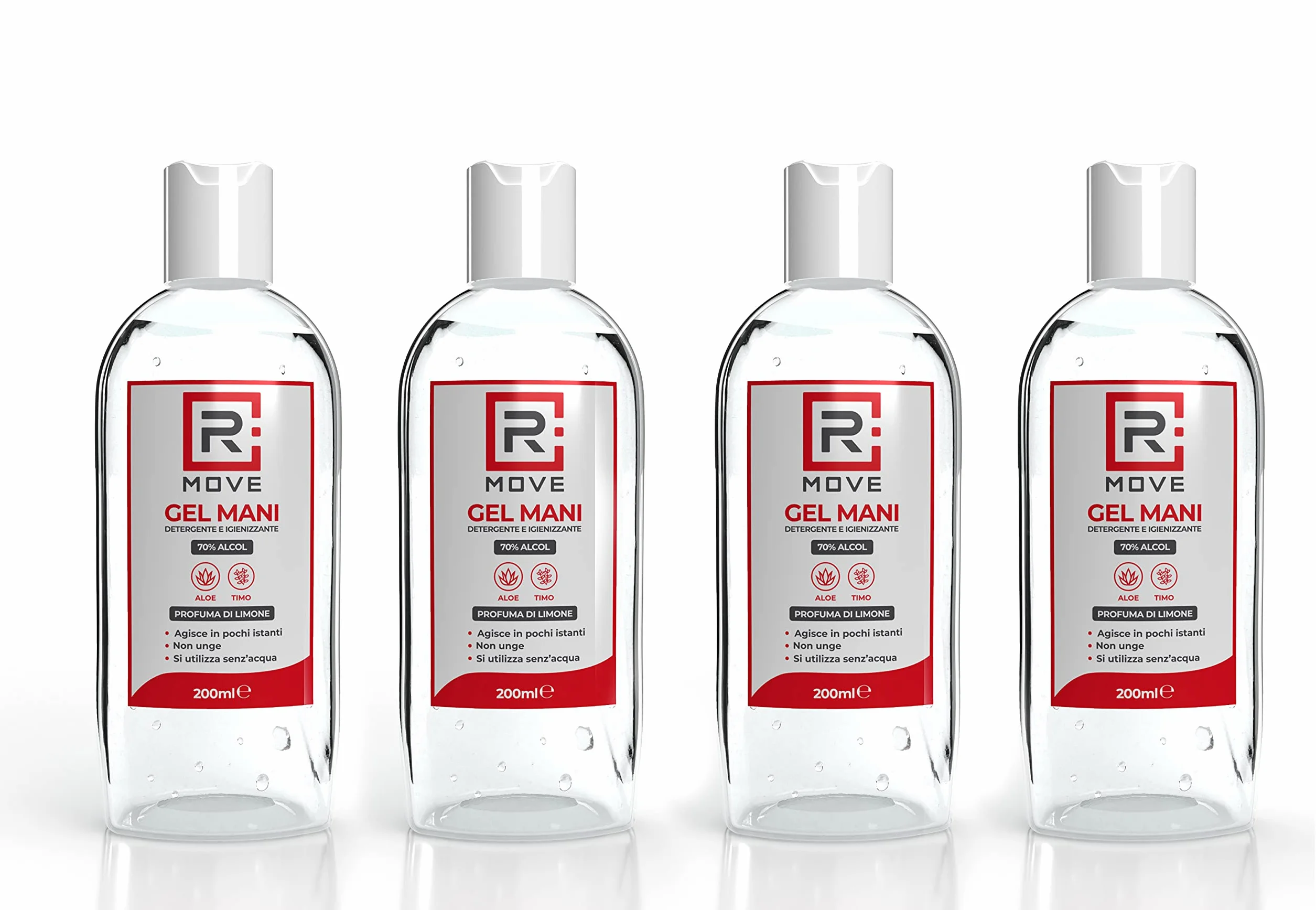 RMOVE 4 flaconi 200ml gel igienizzante mani 70% ALCOL profumato al limone con Aloe e Timo