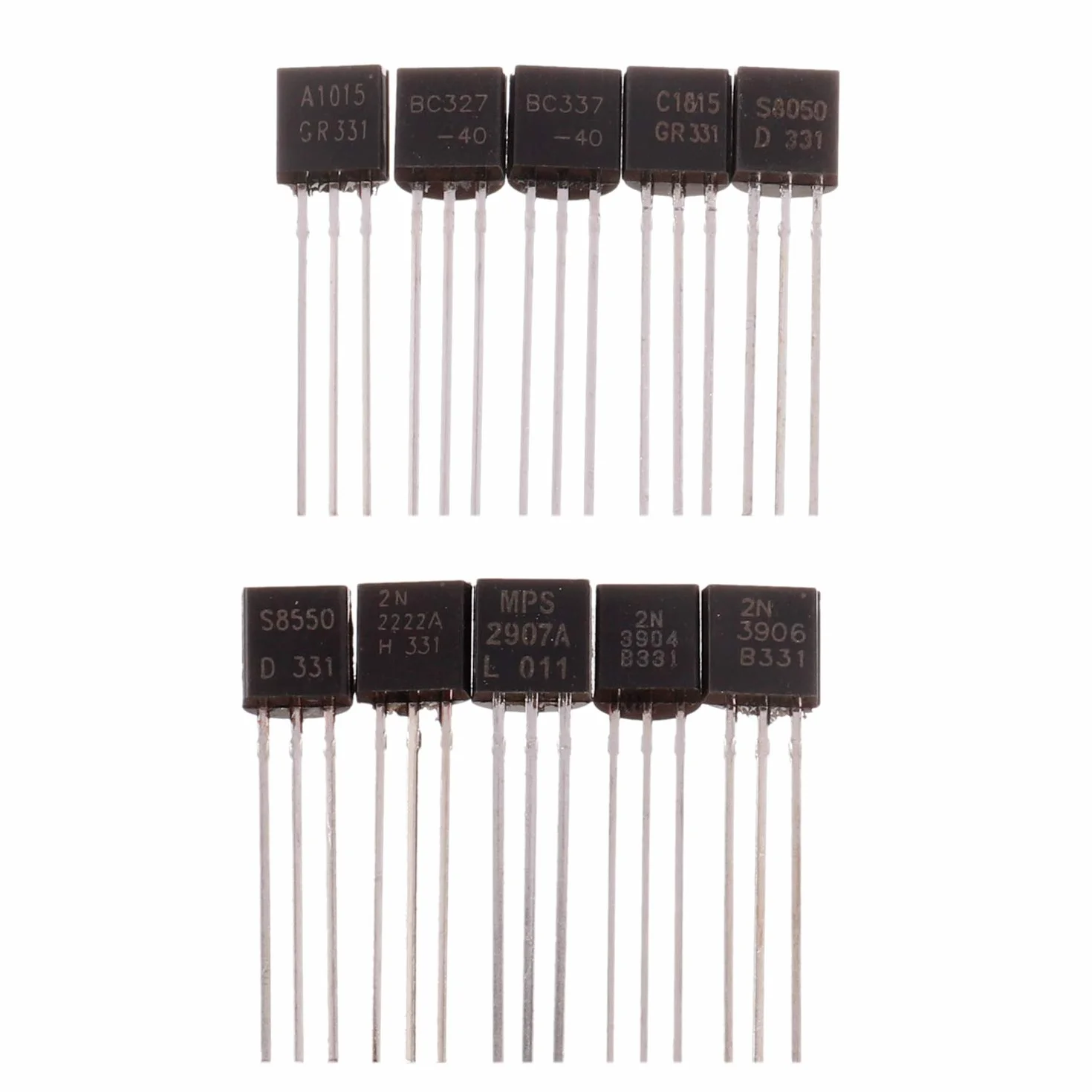 Bojack Kit di transistor di potenza assortiti 250 pezzi 10 Valori PNP NPN A1015 BC327 BC337 C1815 S8050 S8550 2N2222 2N2907 2N3904 2N3906