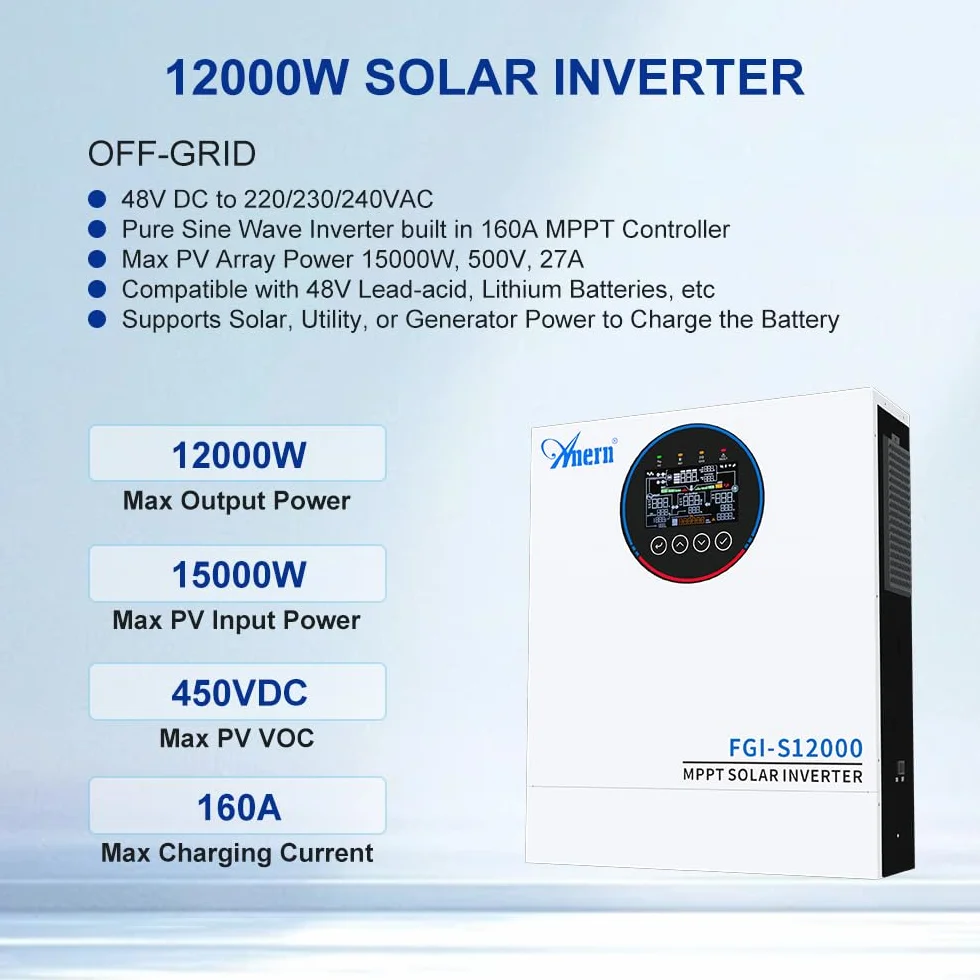 Anern FGI 12000W Inverter Ibrido Solare con Immisione in Rete - Evoluzione della Serie ECO - 48V a 230V, Onda Sinusoidale Pura, Doppio MPPT 160A, 2 Ingressi FV, Doppia Uscita CA, WiFi Opzionale