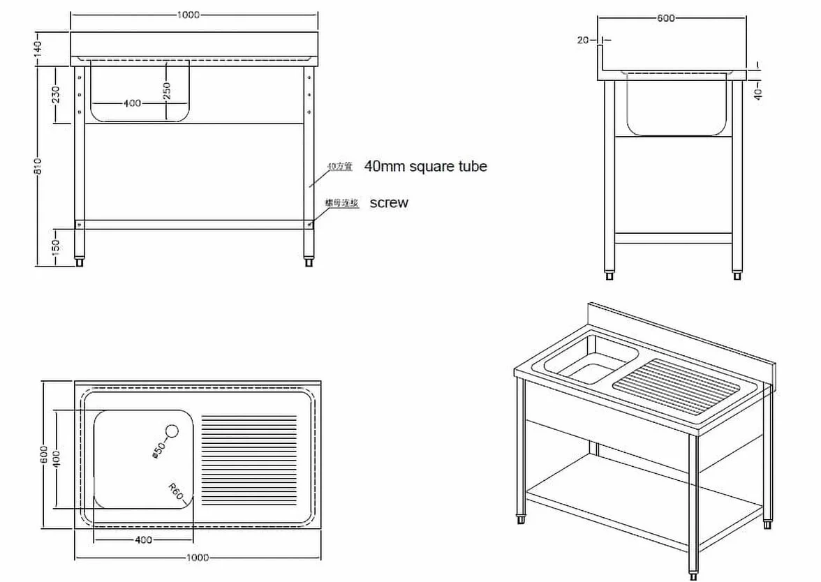 GastroHero Lavello da 100 x 60 cm, in acciaio inox, con lavello sinistro, in acciaio inox con base