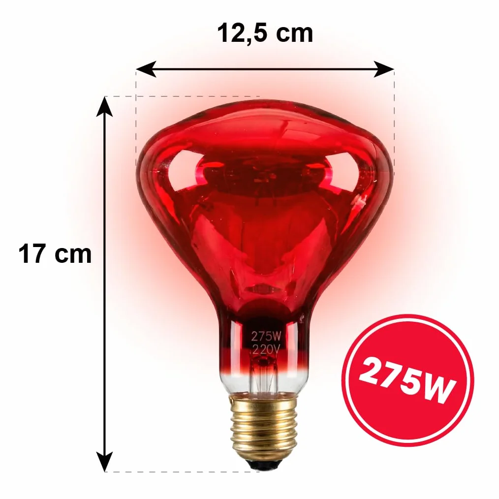 KMINA Lampada Infrarossi 275W per Lampada Riscaldante, Attacco E27, Luce Rossa Rubino, 220 a 240V, Vetro e Alluminio, Ricambio