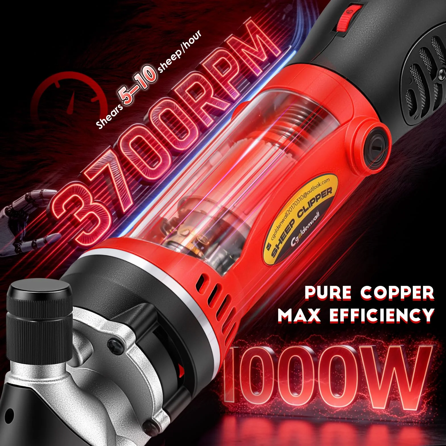 CGOLDENWALL 1000W Tosatrice per Pecore Elettrica Professionale, Motore Alte Prestazioni 3700RPM, Regolazione 6 Veli, Lama a 13 Denti per Pecore, Capre, Alpaca & Bestiame con Pelliccia Spessa (Rosso)