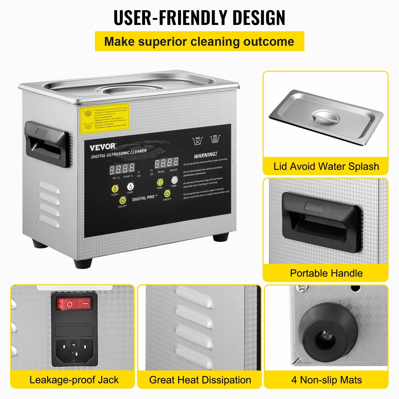 VEVOR Pulitore a Ultrasuoni 3 L Riscaldatore 200 W Ultrasuoni 120 W Digitale