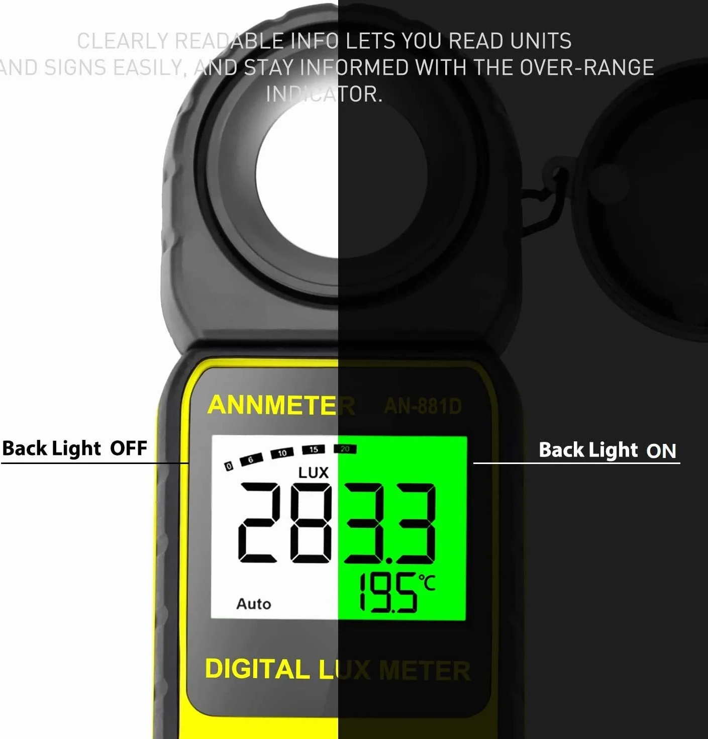 AIOMEST Luxmetro Digitale Portatile, Rilevatore di 0,01~400.000 Lux Rotante, Misuratore di Illuminamento a 270° per Luce di Crescita Delle Piante, Luci esterne per Interni, Acquario, AI-881D, Giallo