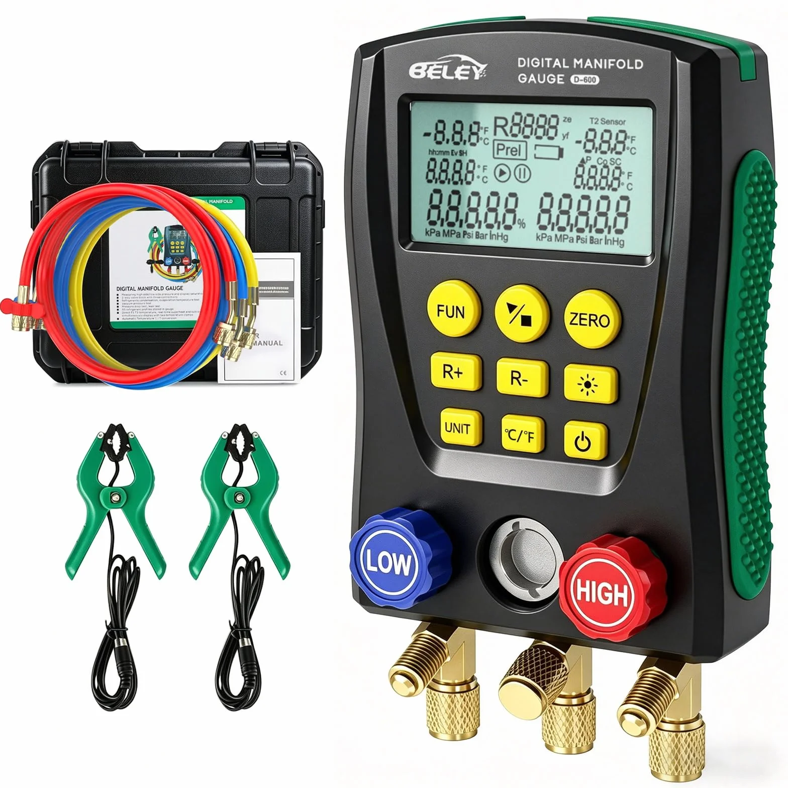 Refrigerazione Digital Collettore Gauge Meter- PARAOUTIL Tester Pressione e Temperatura del Vuoto HVAC per 89 Tipi Refrigeranti (R32 R410a) per la Manutenzione del Condizionatore D'aria, Frigorifero