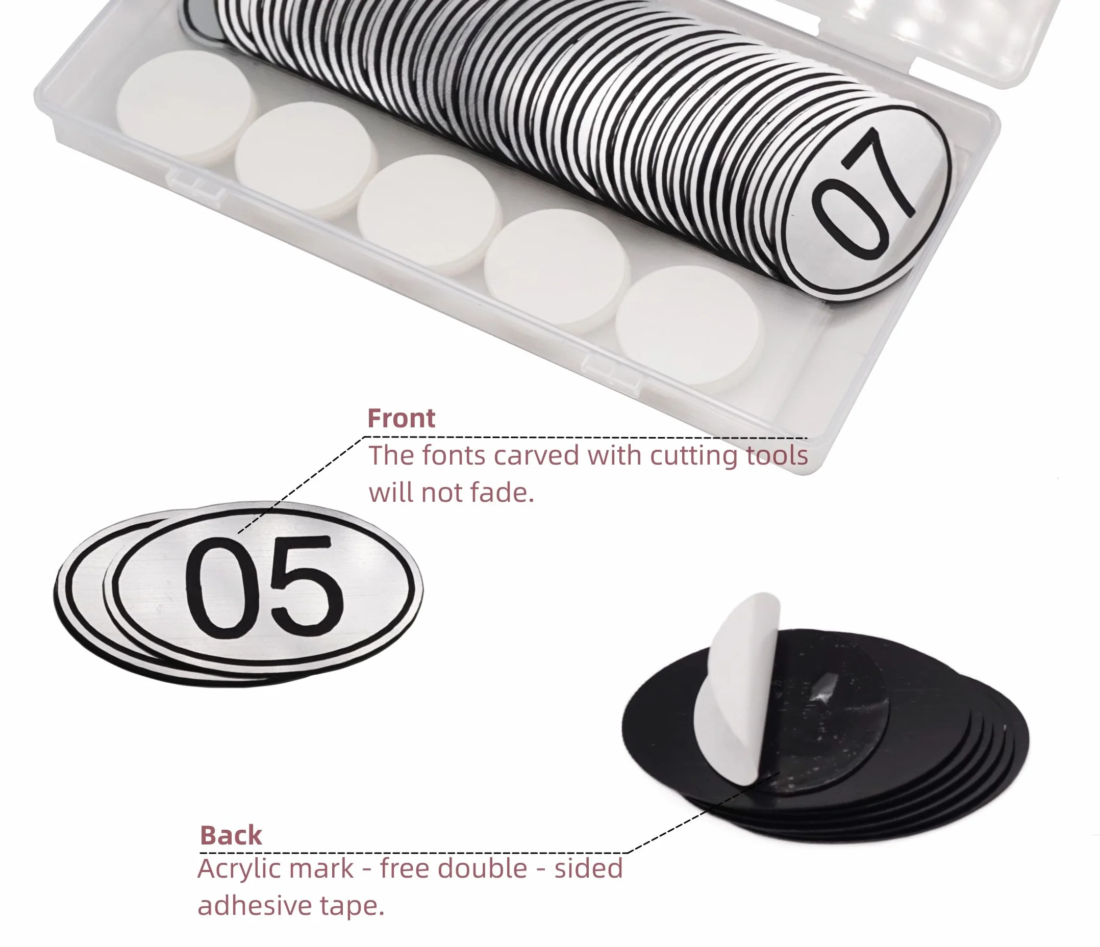 Set di 100 targhette per armadietti con numeri ovali in ABS, incisi, argentate, con nastro biadesivo, da 1 a 100