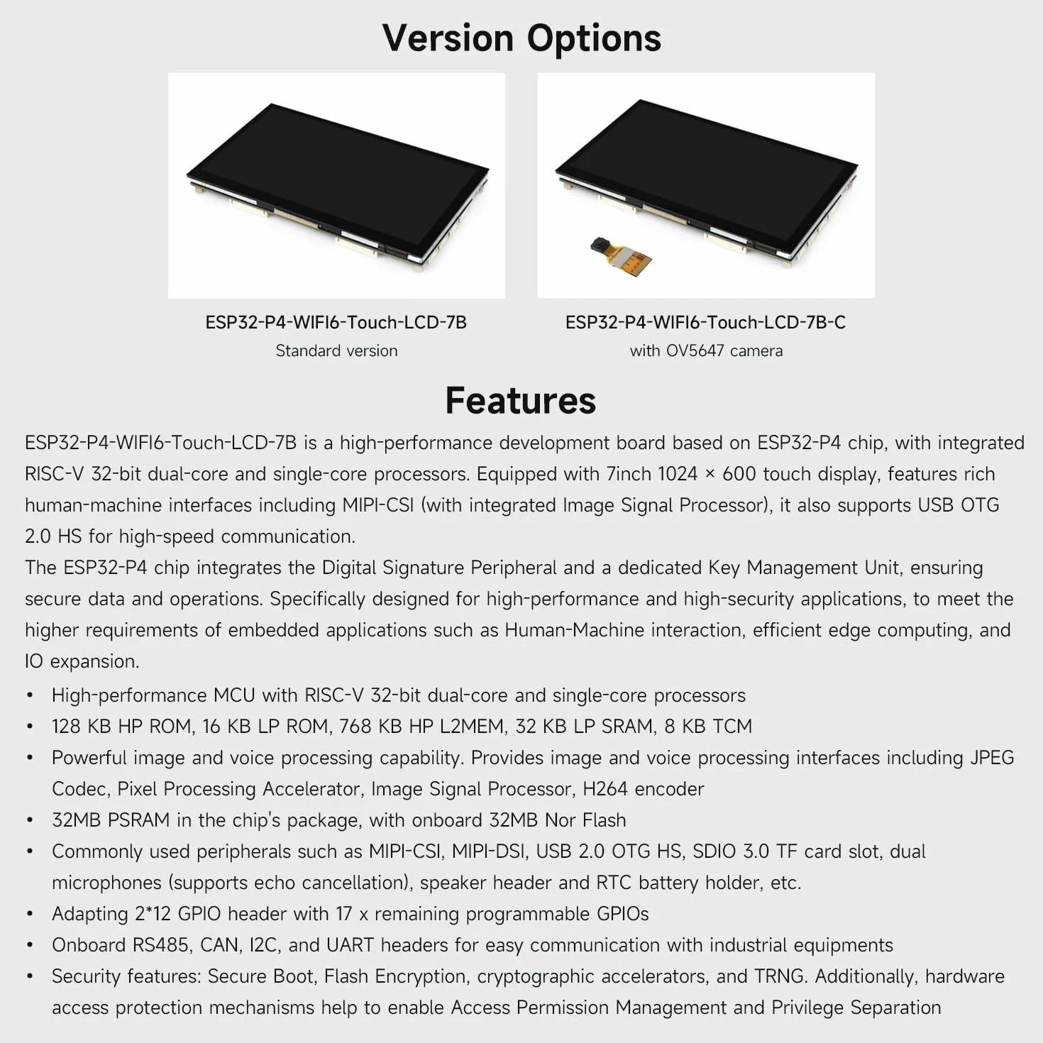 Waveshare ESP32-P4-WIFI6 7inch 5-Point Touch Display Development Board, Based On ESP32-P4 And ESP32-C6, 1024x600 Resolution, Supports Wi-Fi 6 / BT 5 (LE), without OV5647 Camera