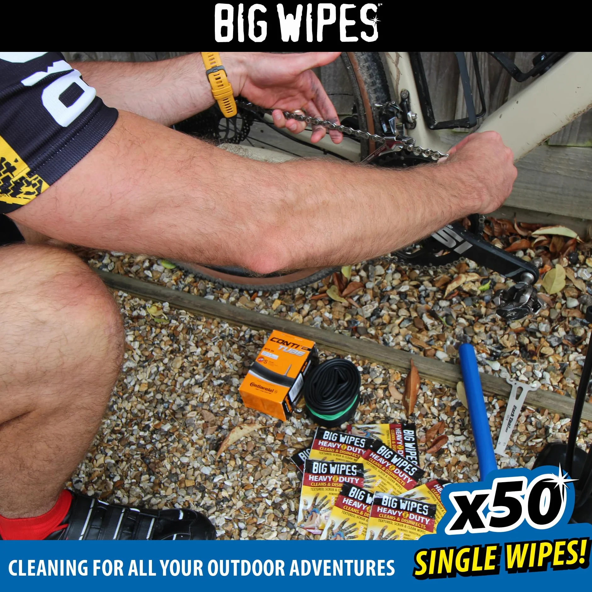 Big Wipes Heavy Duty Pro+ Salviette per le mani x50 bustine singole, rimuove vernice, olio, schiuma PU, adesivi, aloe vera, vitamina E, salviette professionali bifacciali