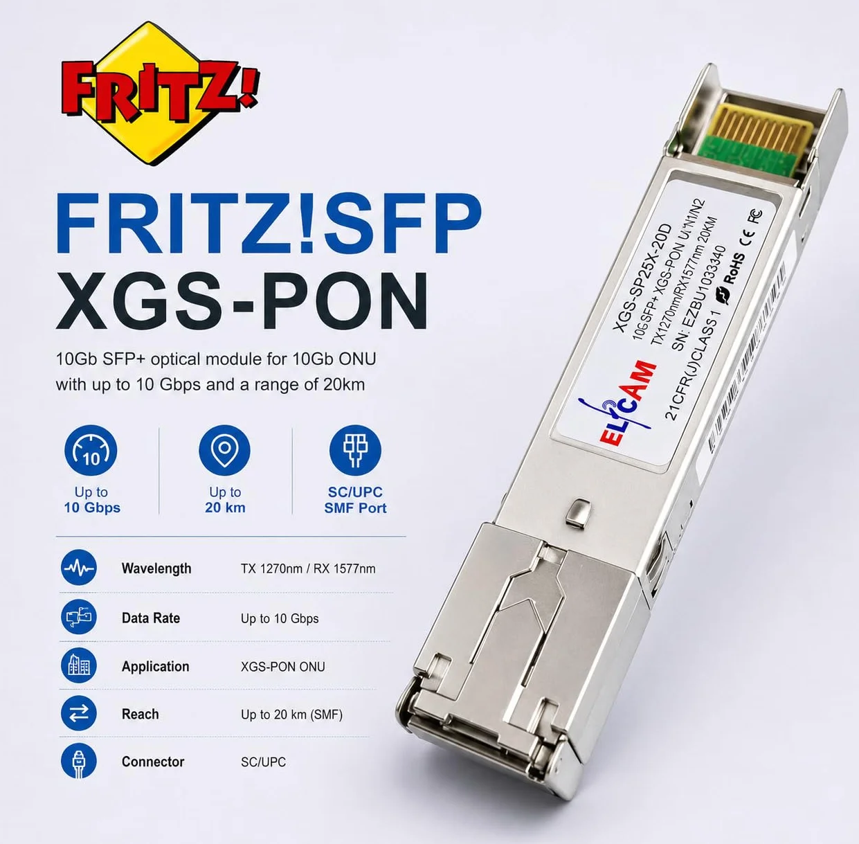 FRITZ!Box 5590 5530 XGS-PON Modulo Ottico 10G SFP+ SC/UPC ITU-T G.9807 1270/1577nm 10Gbit/s