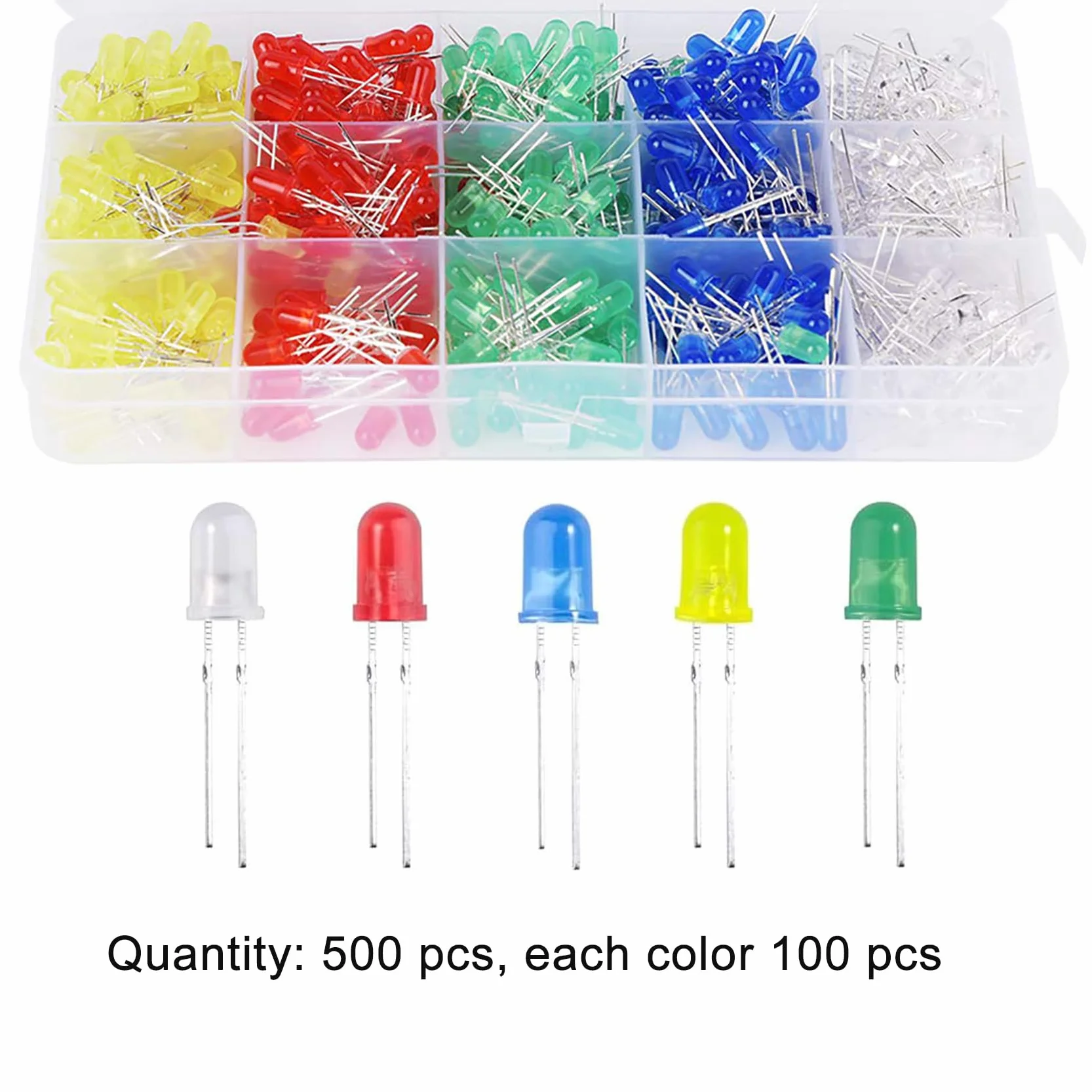 5mm LED Diodo ad Emissione Luminosa Kit Assortimento 500 Pezzi Bianco Rosso Giallo Verde Blu