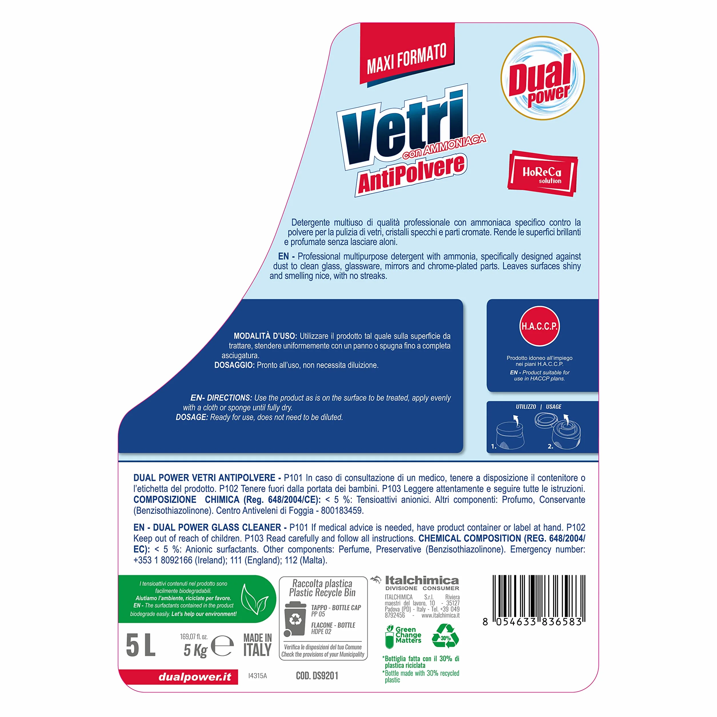 Dual Power Detergente Multiuso HACCP 5 Litri Antibatterico Ammoniaca per Vetri e Specchi