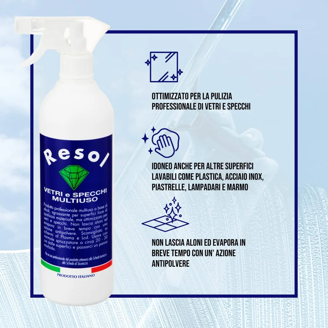 RESOL Spray vetri 750ml Detersivo vetri Igienizzante professionale Detergente vetri azione antipolvere