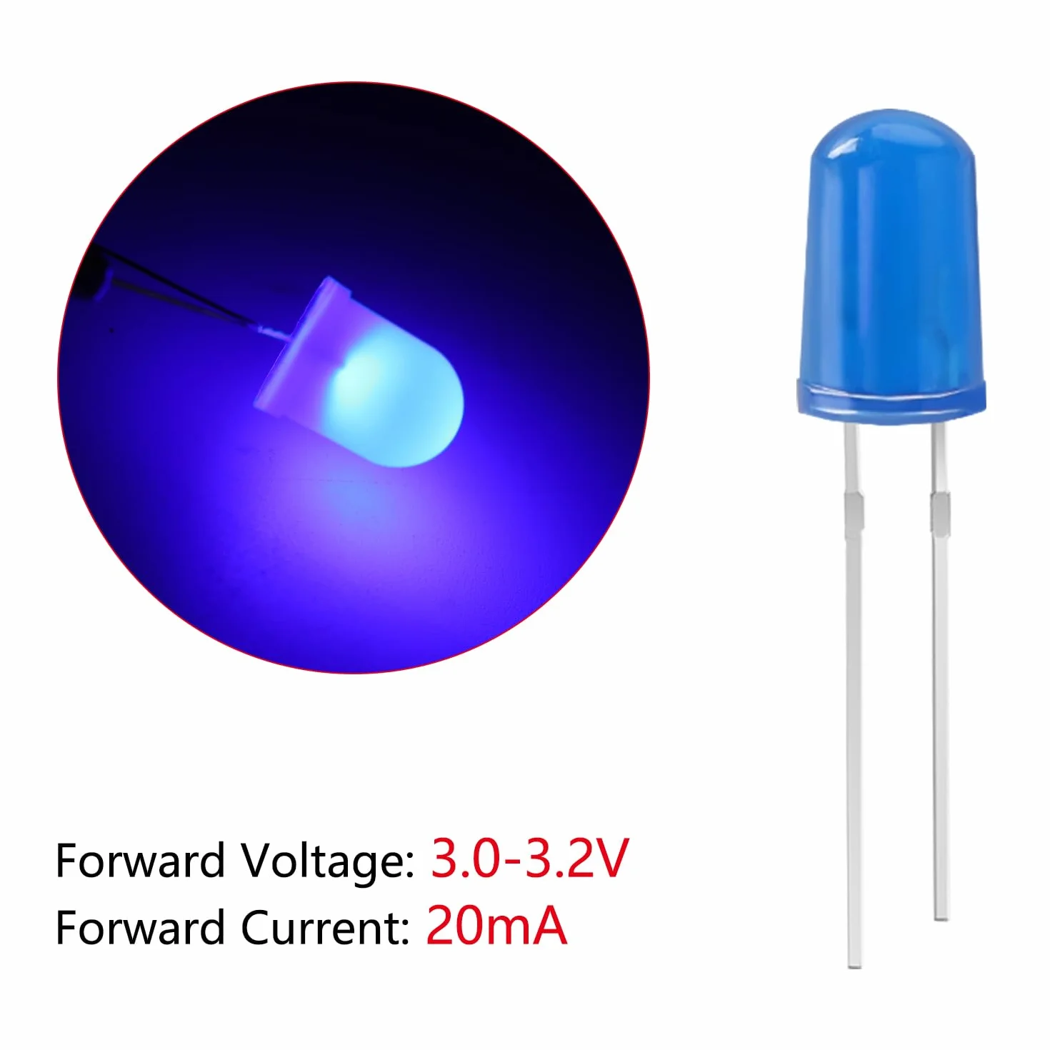 YIXISI 100 Pezzi 5mm LED Diodo Emettitore di Luce Blu, Testa Rotonda 2 Pin
