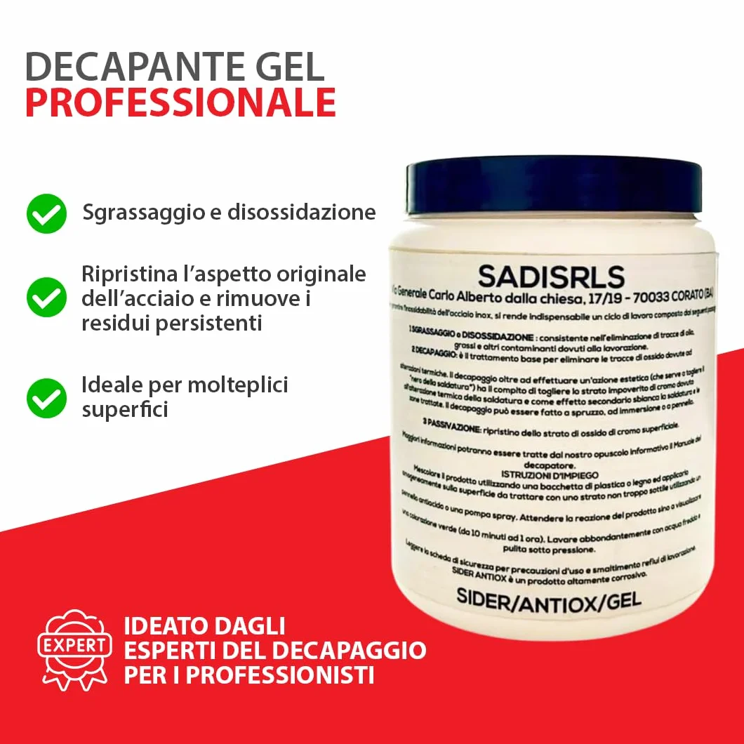 Decapante Gel Professionale per Acciaio Inox 1 KG 3 in 1 Sgrassaggio Diossidazione Passivante Sider/Antiox