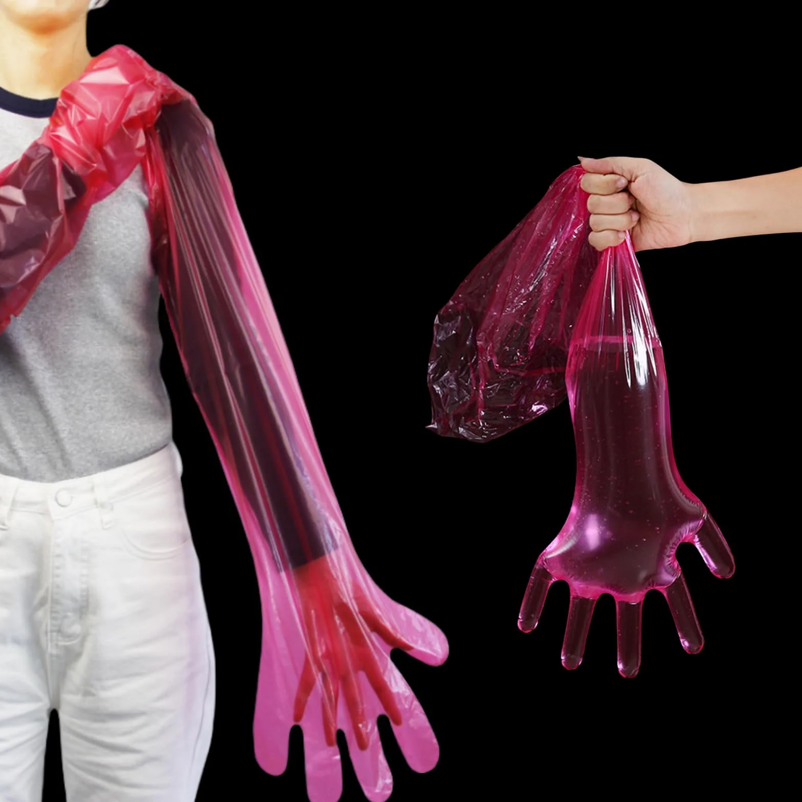 Guanti Veterinari Usa e Getta 40PC, Elastici in Pellicola di Plastica Morbida, Protezione Braccio Rosso