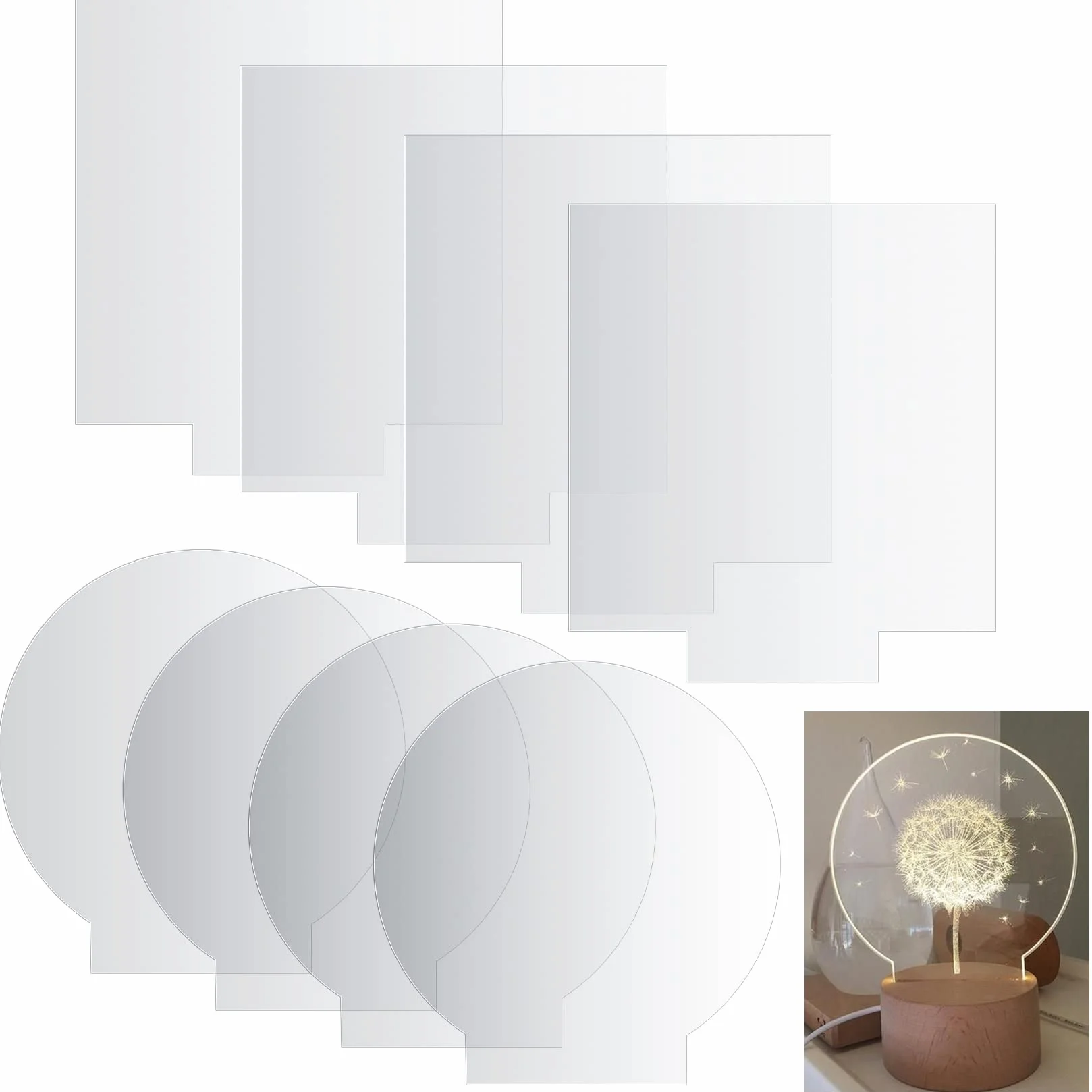 8 Pezzi Pannelli in Acrilico Trasparente, Lastra Pannello Acrilica Trasparente 2mm Rotonda e Quadrato per Base Luminosa a LED Espositore Progetti di Fai-da-te