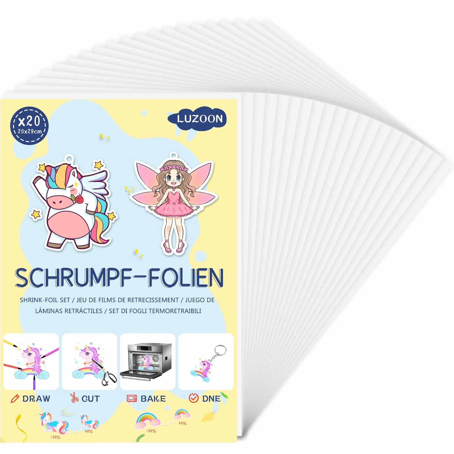 LUZOON 20 Fogli Plastica Termoretraibile A4 di Plastica Termoretraibile Traslucido Carta Termoretraibile Spessore 0,3 mm, dimensioni 20 x 29 cm, RSPTZ-TM-20