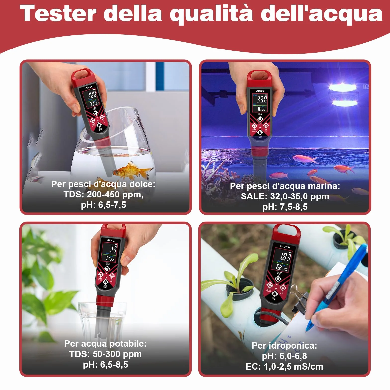 GIDIGI Misuratore di pH per Piscina 5 in 1 Tester PPM Schermo a Colori Acqua Salata Acquario
