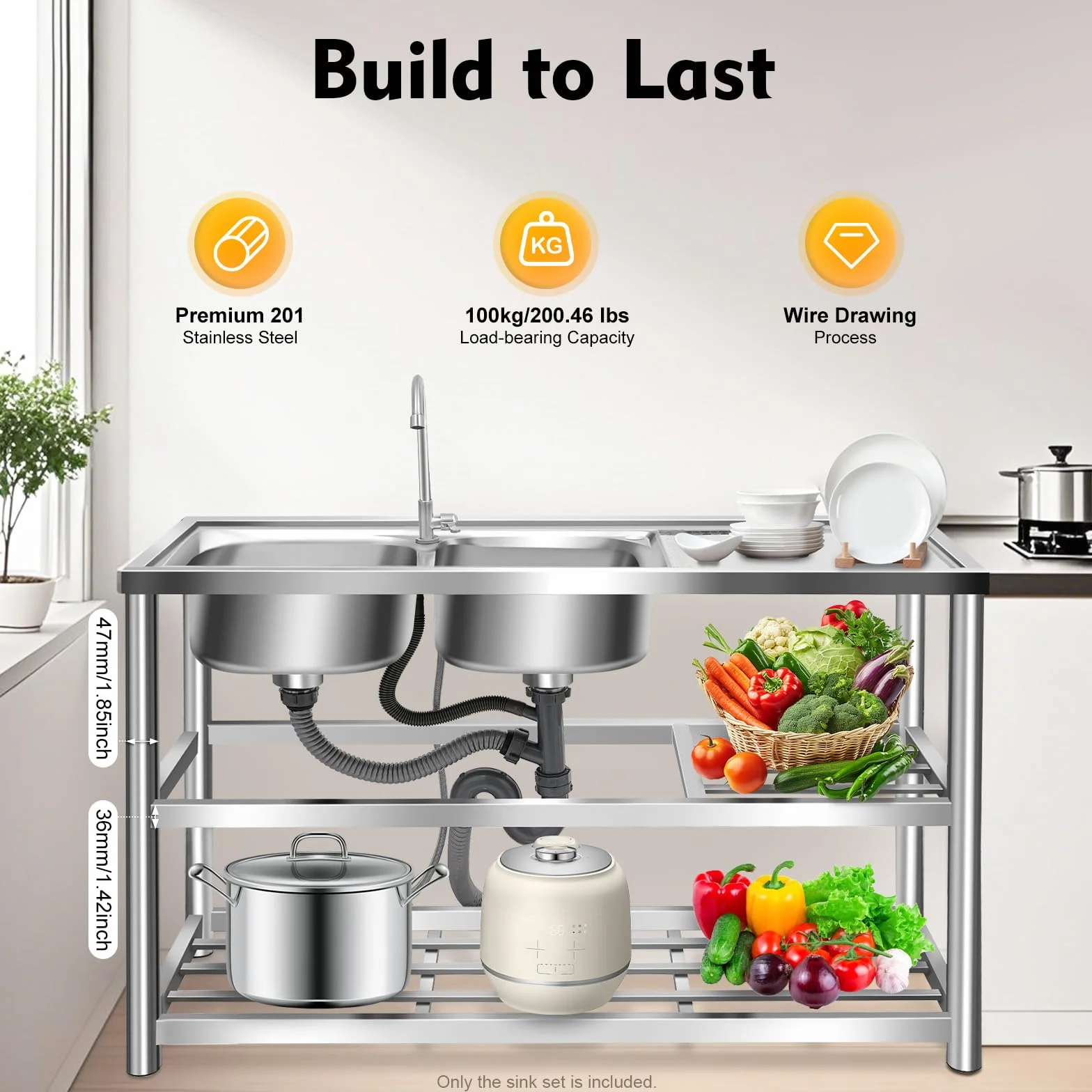 Lavabo in acciaio inox autoportante, capacità di carico 220 lbs, mobile lavello da cucina con rubinetto girevole a 360°, 120 x 45 x 80 cm, lavello commerciale con 2 vasche per ristorante, bar