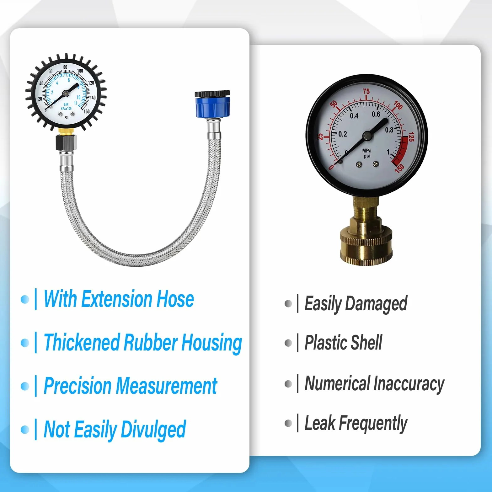Manometro per pressione dell'acqua 0-11 Bar/0-160 Psi, quadrante da 2" in acciaio inossidabile Manometro per pressione di alimentazione dell'acqua con raccordo per rubinetto flessibile