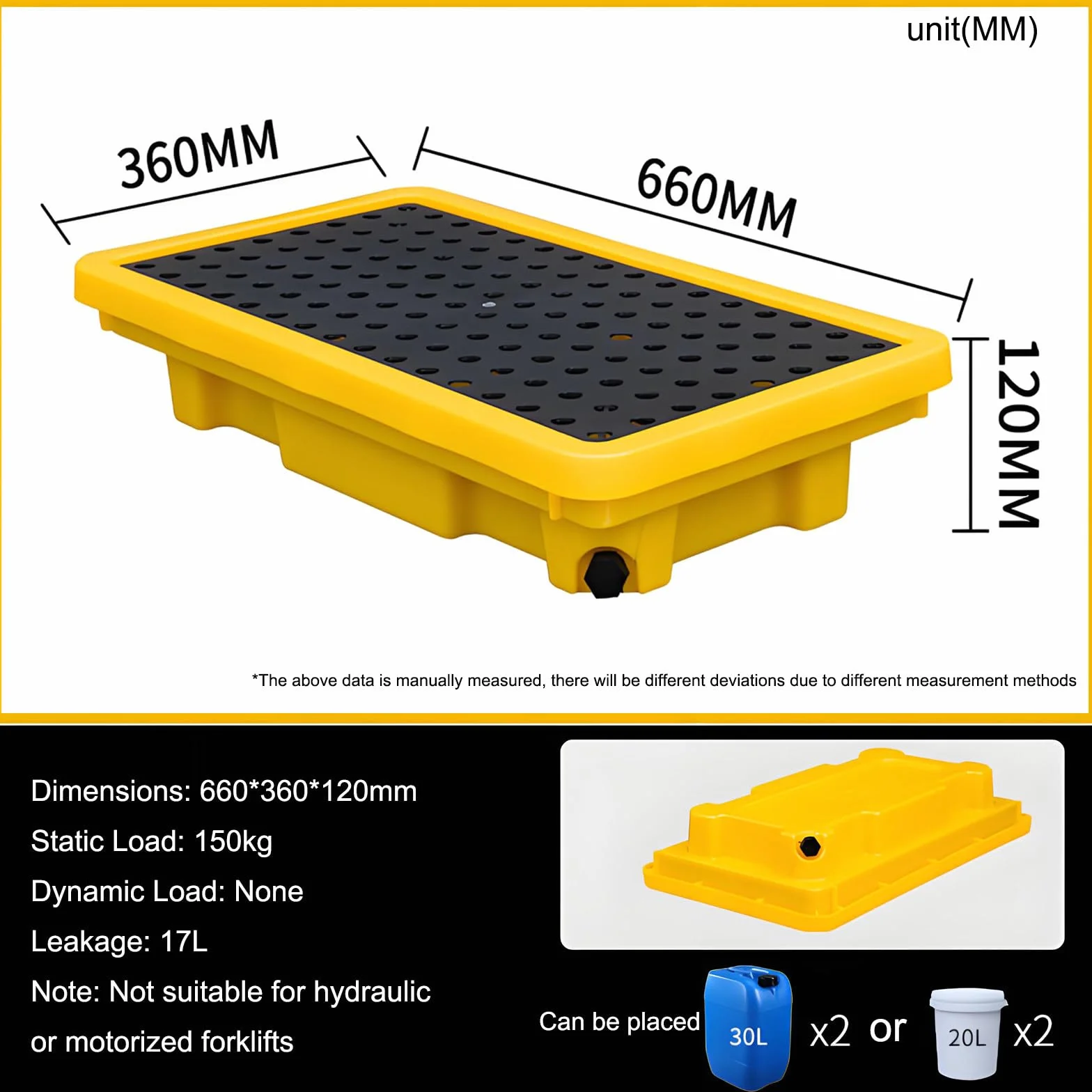 Vasche di contenimento modulari 66x36x12cm per fuoriuscite con griglie