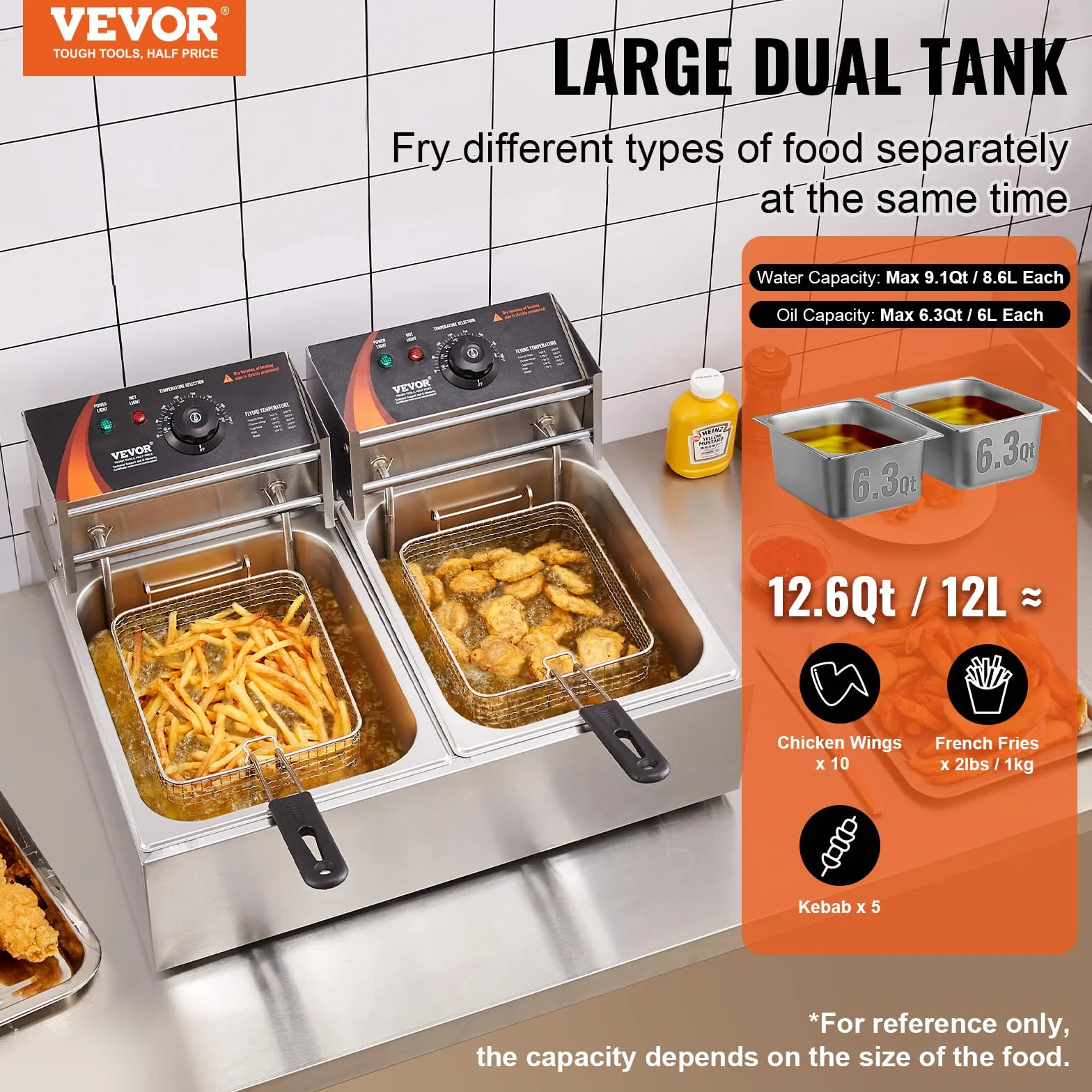 VEVOR Friggitrice Elettrica Commerciale Doppia Vasca 12L 5000W Acciaio Inox