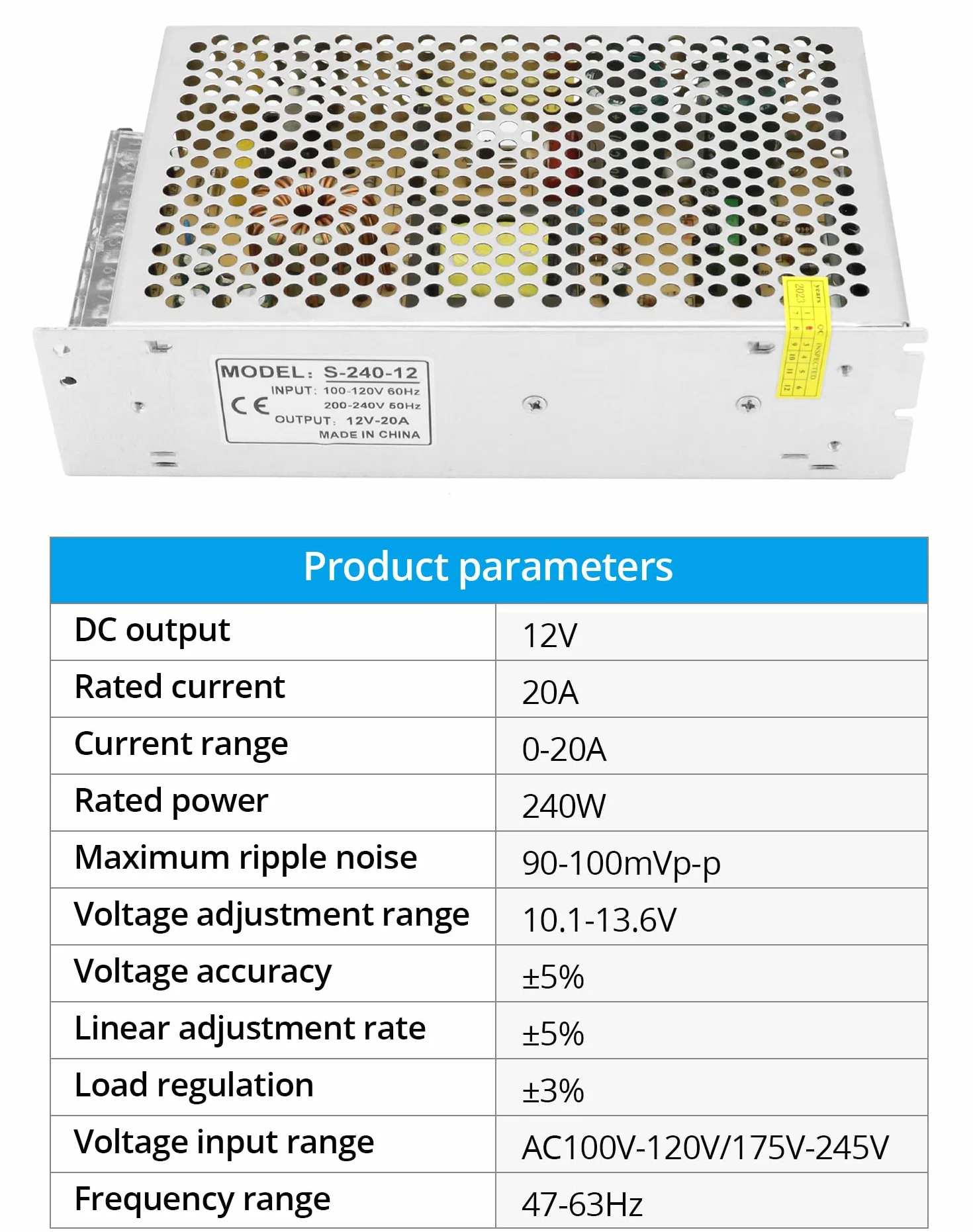 QWORK® Alimentatore Interruttore,DC 12V 20A LED Trasformatore di alimentazione, 240W, applicato all'automazione, display LED, comunicazione