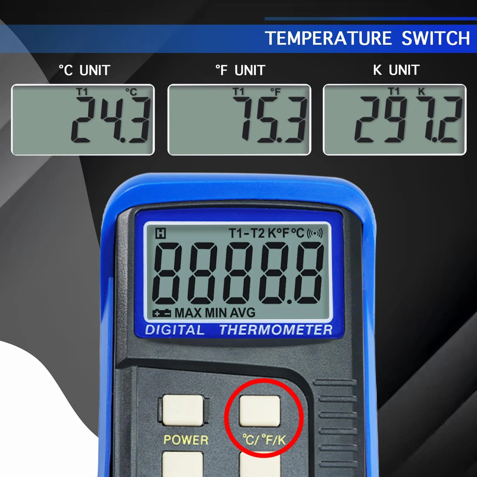 Termometro digitale a doppio canale tipo K -50 a 1300 °C con sonda cablata MAX/MIN/AVG per forni