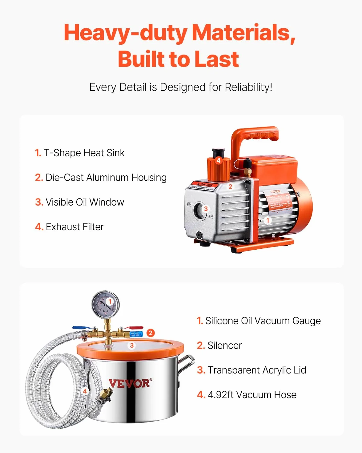 VEVOR Kit Camera a Vuoto 5,67 L e Pompa 2,12L/s, in Acciaio Inox, Camera di Degasaggio Pompa a Vuoto Monostadio, con Coperchio, Olio, Tubo Flessibile, per Degasaggio Resina Epossidica Siliconica