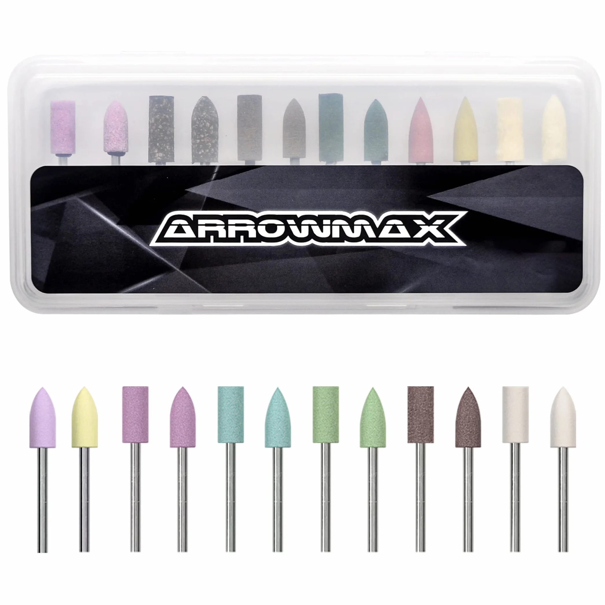 ARROWMAX 12 pezzi di punte per lucidatura a forma assortita Ruota lucidante per utensili rotanti Dimensioni gambo 2,35 mm (corindone rosso/sesamo/pelle bovina/gomma/silicone/lana)