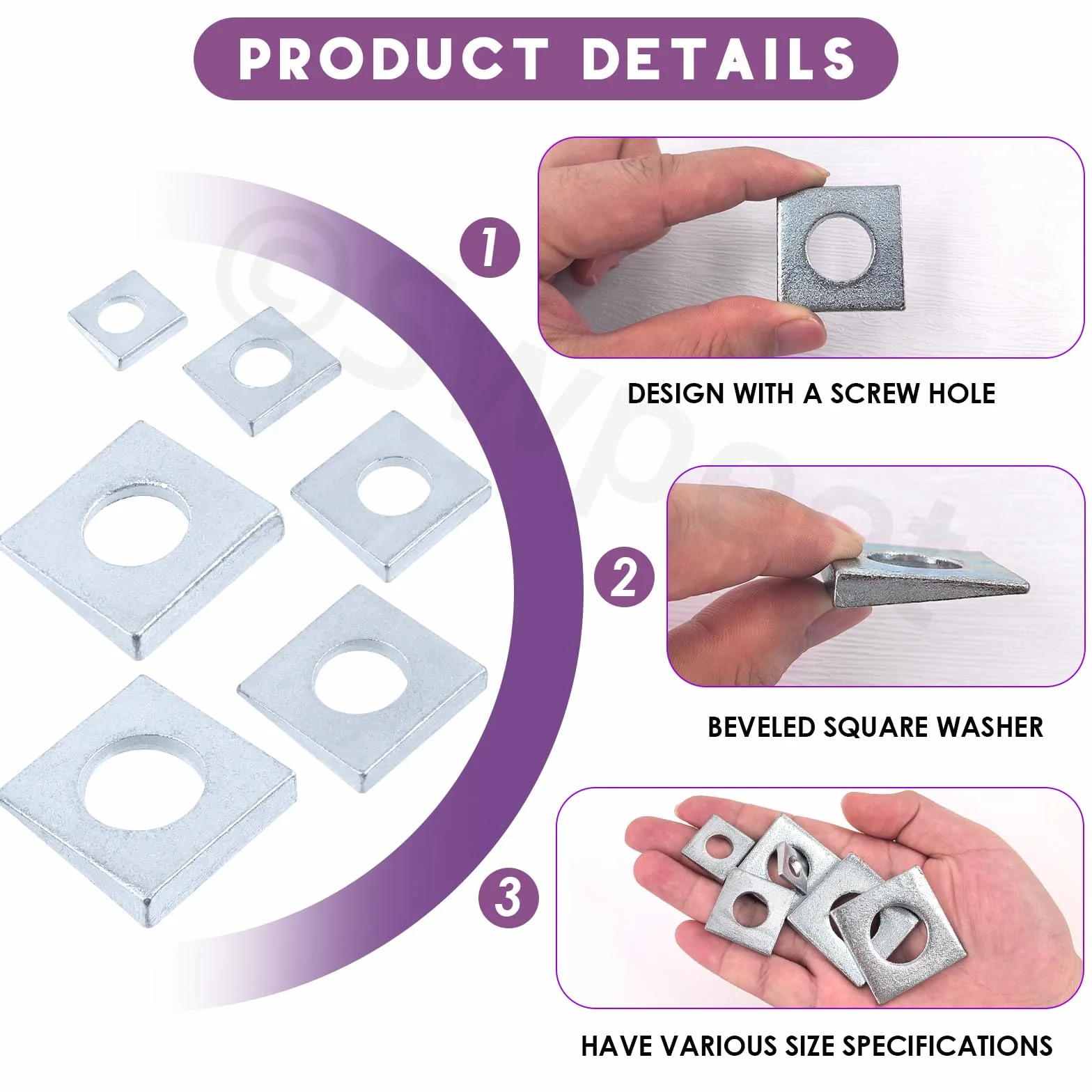 Swpeet 34Pcs 6 dimensioni M8 / M10 / M12 / M16 / M18 / M20 argento zincato fascicolato set assortimento di rondelle quadrate, rondelle a forma di cuneo in acciaio al carbonio semplice per Shim