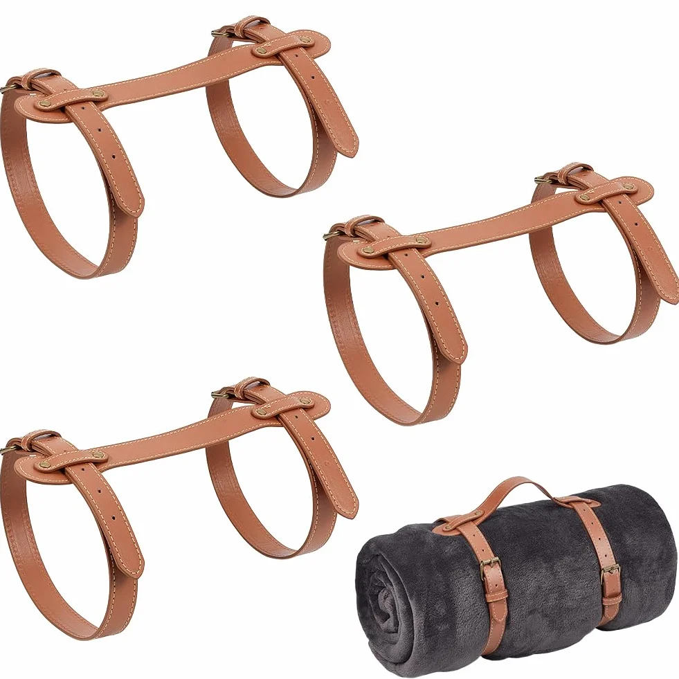 BENECREAT 3 Cinghia per Il Trasporto di Una Coperta Da Picnic In Pelle PU Da 70x30cm, Porta Tappetino Da Picnic Regolabile per Moto, Cinghia per Tappeto Da Letto, Escursioni, Campeggio