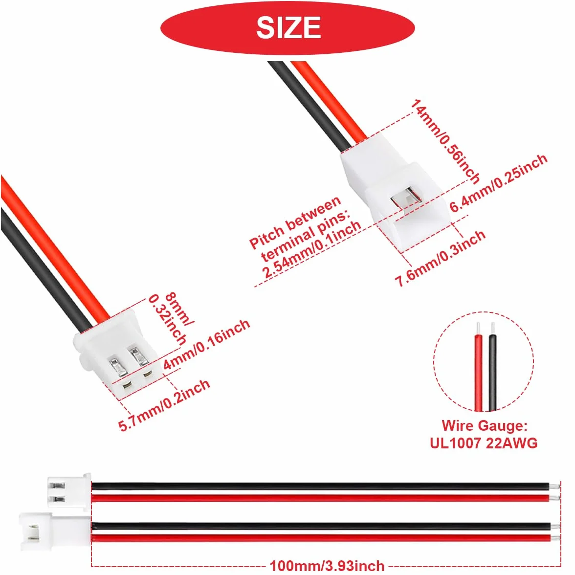 20 paia di cavi JST XH da 2,54 mm a 2 pin maschio e femmina con cavo connettore UL1007 22AWG 100 mm, rosso e nero, tubo termorestringente per minuscole prese terminali batteria drone luce